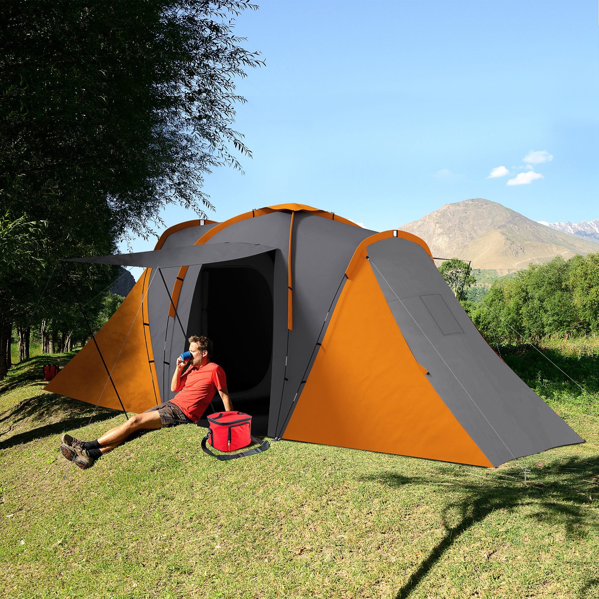 Outsunny Tunnelzelt 2000mm Wasserabweisend Gruppenzelt mit 2 Schlafzimmern Wohnbereich, Personen: 4 (Familienzelt, 1 tlg., Campingzelt), für Garten, Camping, Grau+Orange