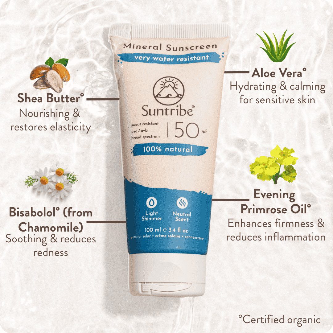 Suntribe Sonnenschutzcreme BIO Mineralisch LSF 50 - Sonnencreme ohne chemische UV-Filter, 1 Tube 100 ml, 100% Natürlich - 0% Zusätze - 0% Mikroplastik, 0% Nano