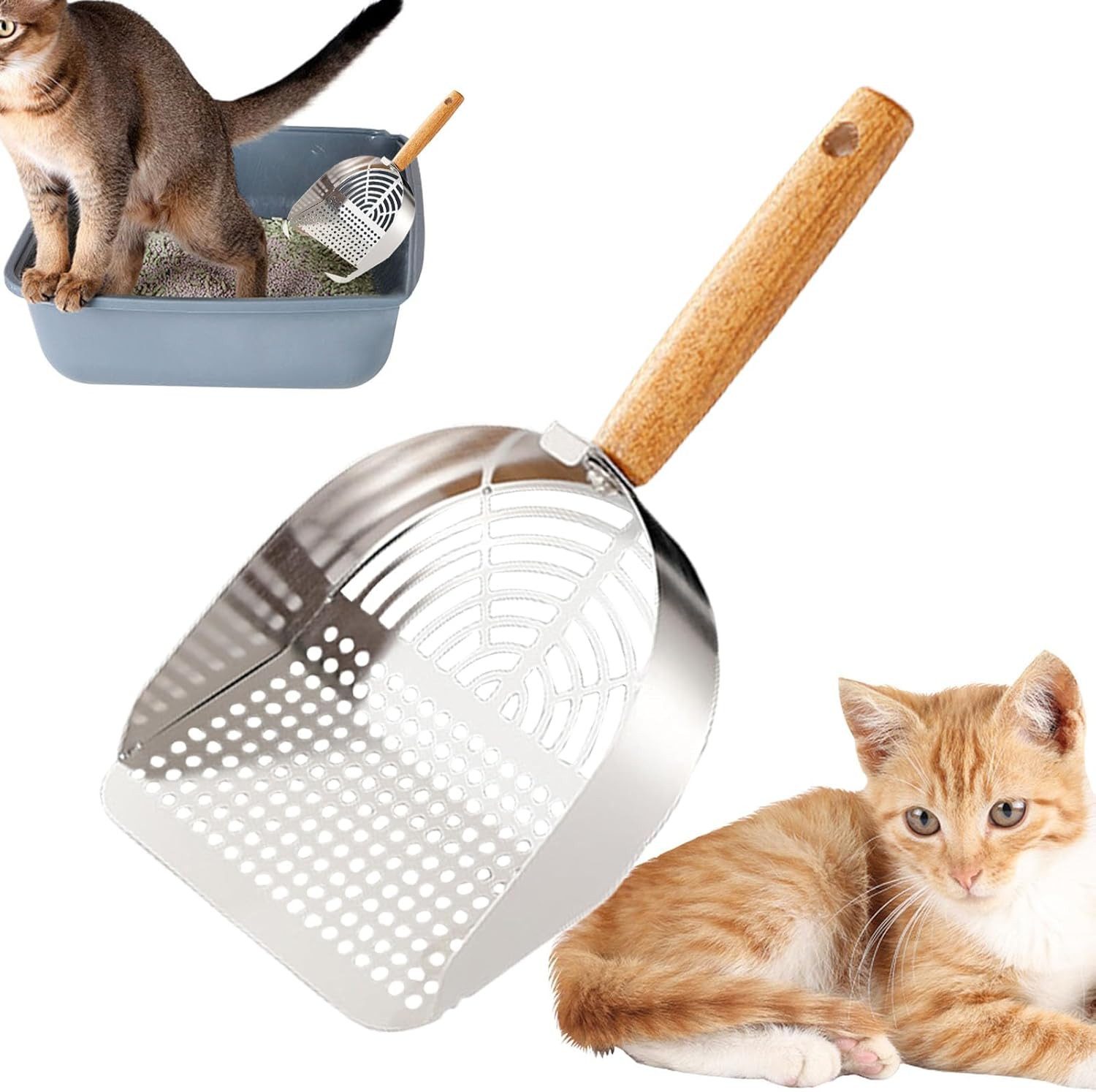 Ledander Schaufel Katzenschaufel Edelstahl, Katzenklo Schaufel Metall, mit Holzgriff, Schaufel für Katzentoilette, Litter Box Scoop für Katzenklo
