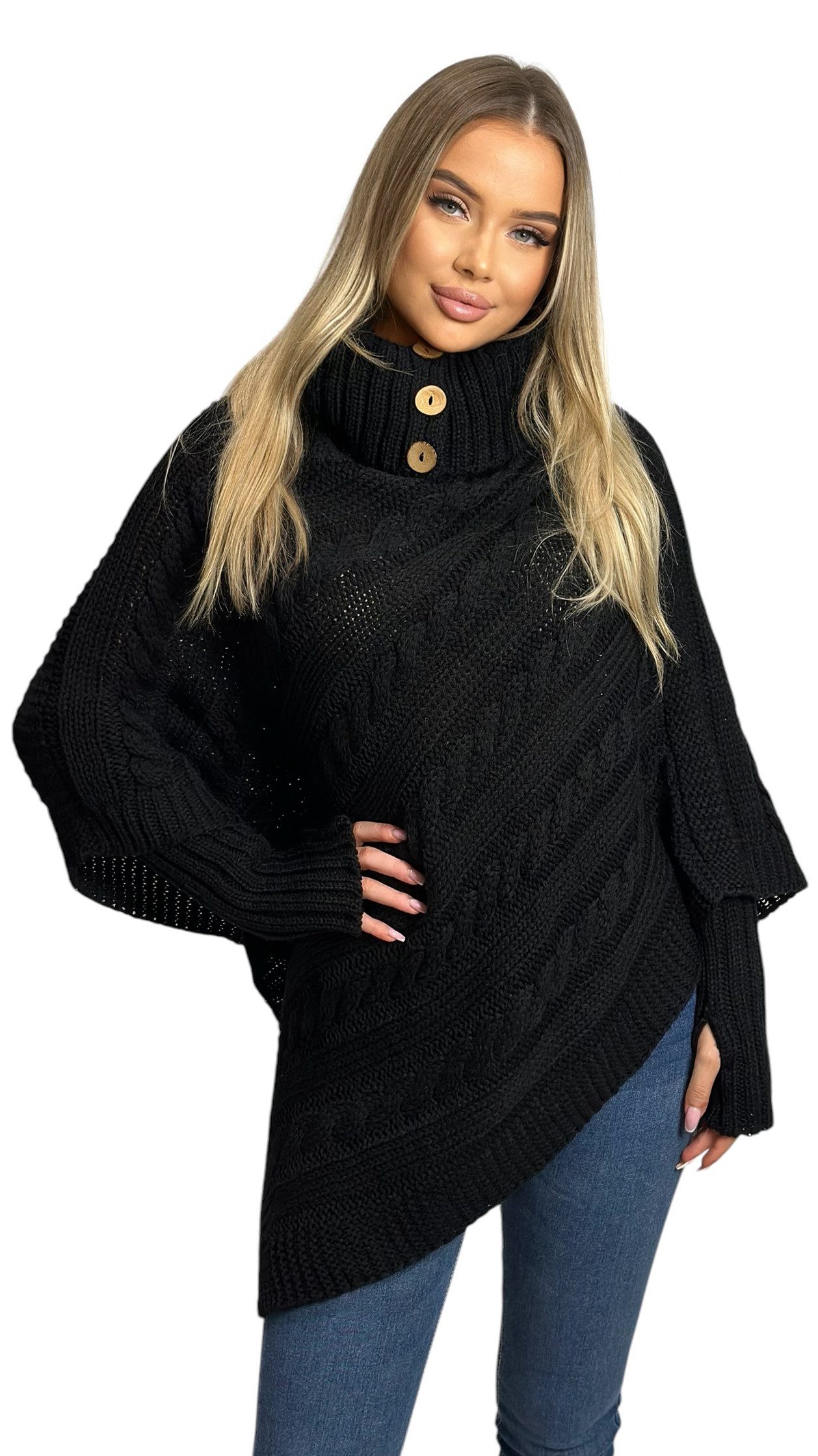 Mississhop Strickponcho Poncho Strick Sweatshirt Pullover Umhang Überwurf mit Stulpen 3012