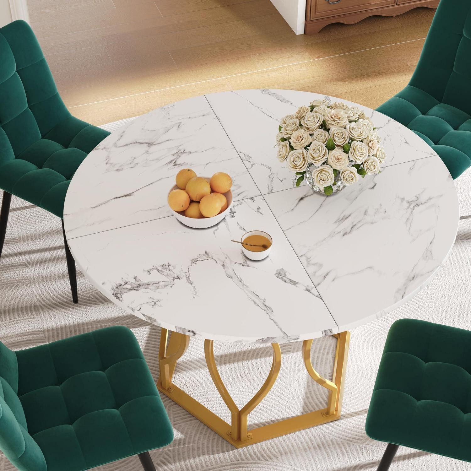 LuxusKollektion Esstisch Esstisch Set 5teilig 4 Stühle rund 100cm Metallbeine Grüner Stuhl (1-St)