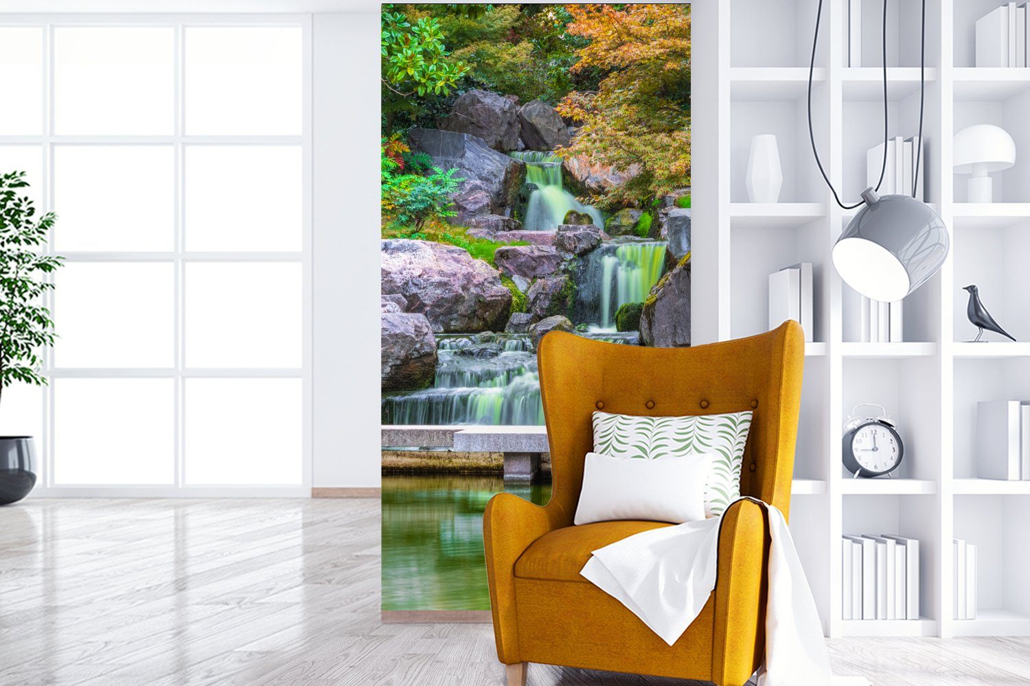 Wohnzimmer bedruckt, Botanisch, Fototapete Japanisch Bäume Matt, für Wasser Küche, Schlafzimmer (2 Vliestapete - St), - - - Steine MuchoWow Fototapete