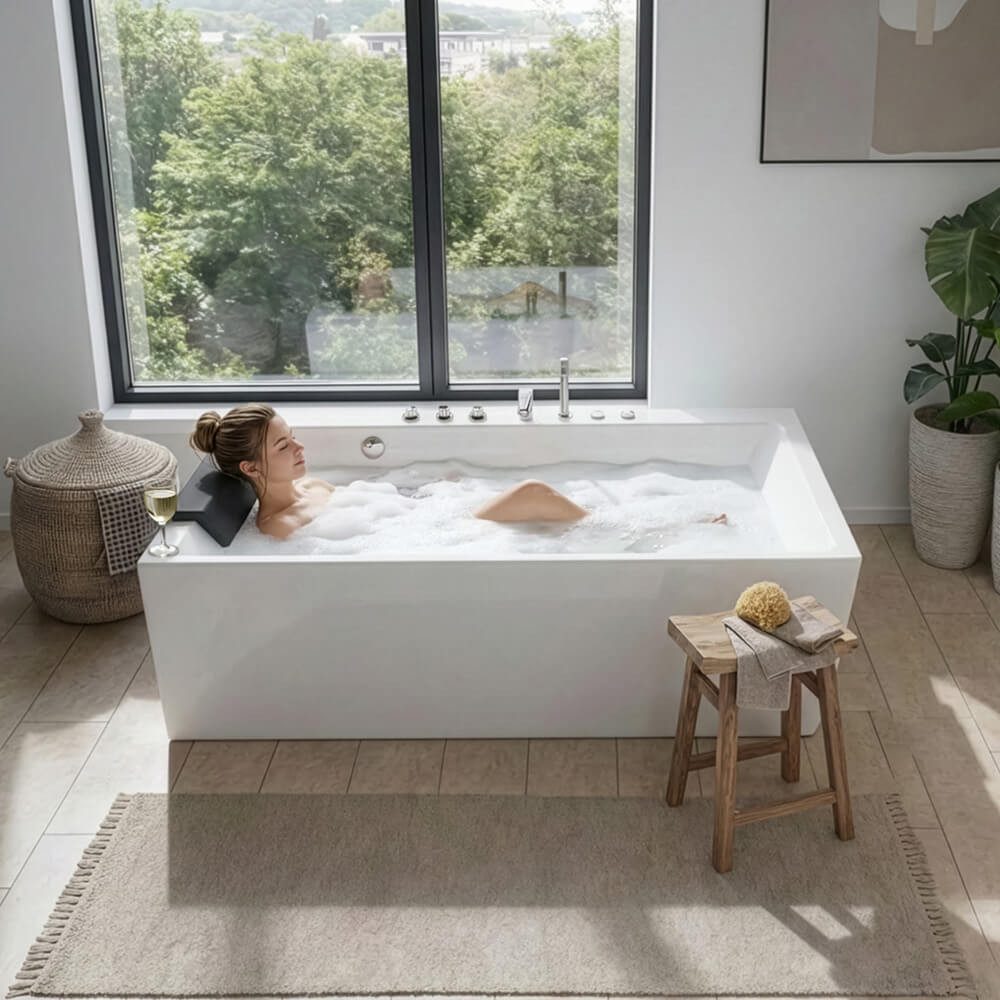 HOME DELUXE Whirlpool Badewanne mit ergonomischer Form BAKAL - 180 x 80 x 60 cm, 9 Whirlpooldüsen, inkl. Armaturen und Zubehör