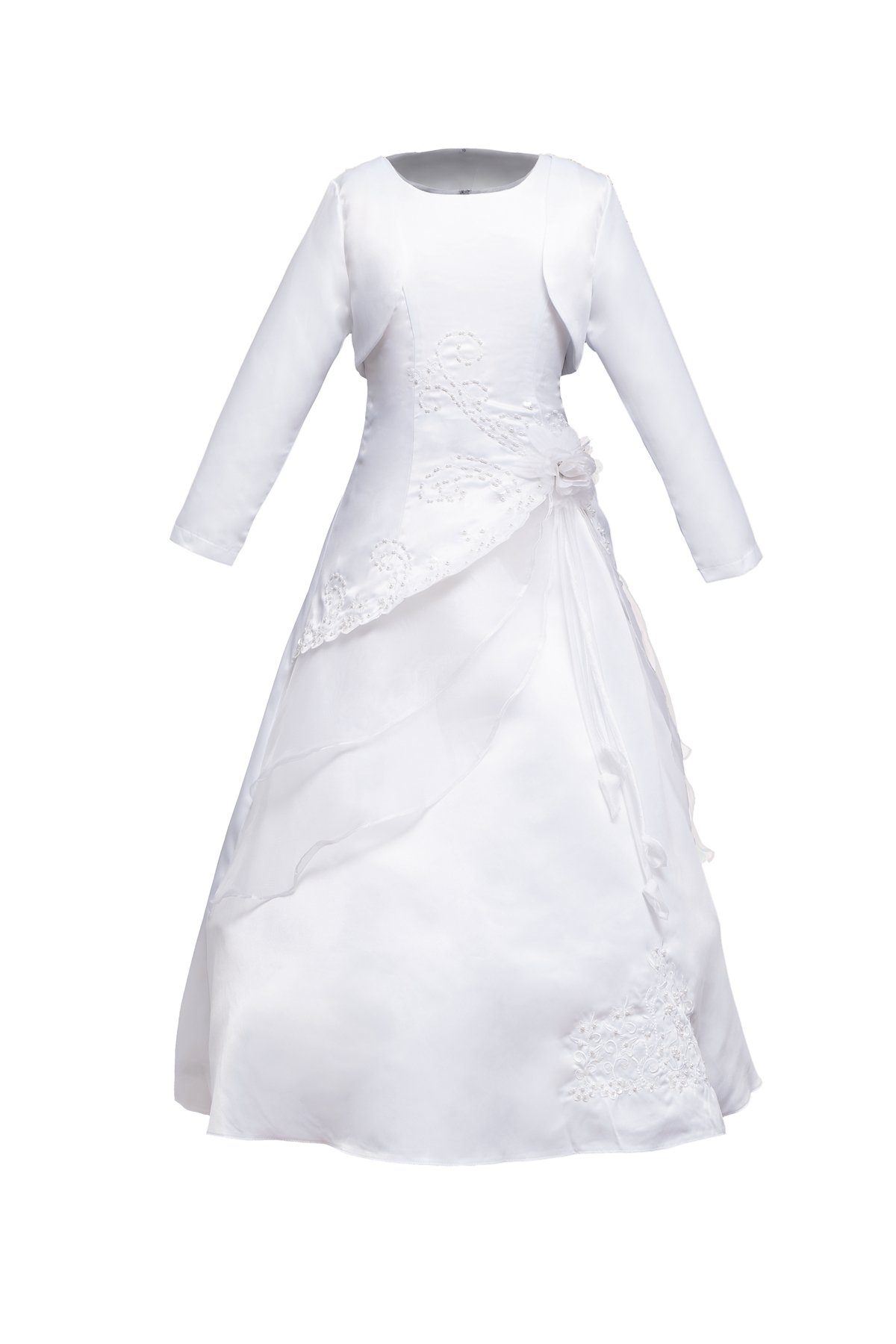 Märchenburg Spitzenkleid Pfingstrose - HOCHELEGANTES Kommunionkleid, Kleid, BLUMENMÄDCHENKLEID MIT Reifrock UND Bolero DAS Prinzessinnenkleid, weiß