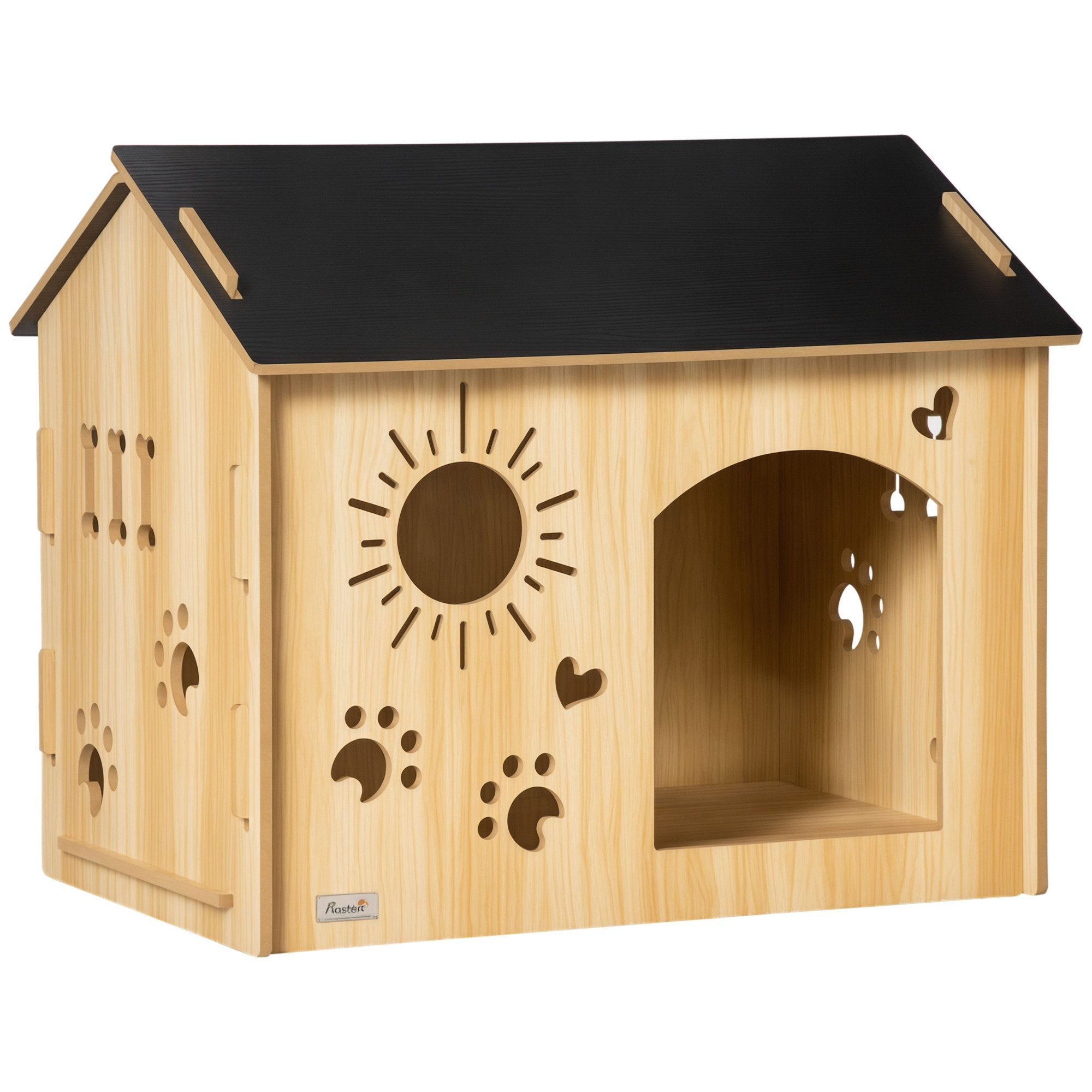 PawHut Hundehütte Hundehaus mit Dach Hundehöhle Indoor, Eiche+Schwarz 69 x 50 x 58,5 cm