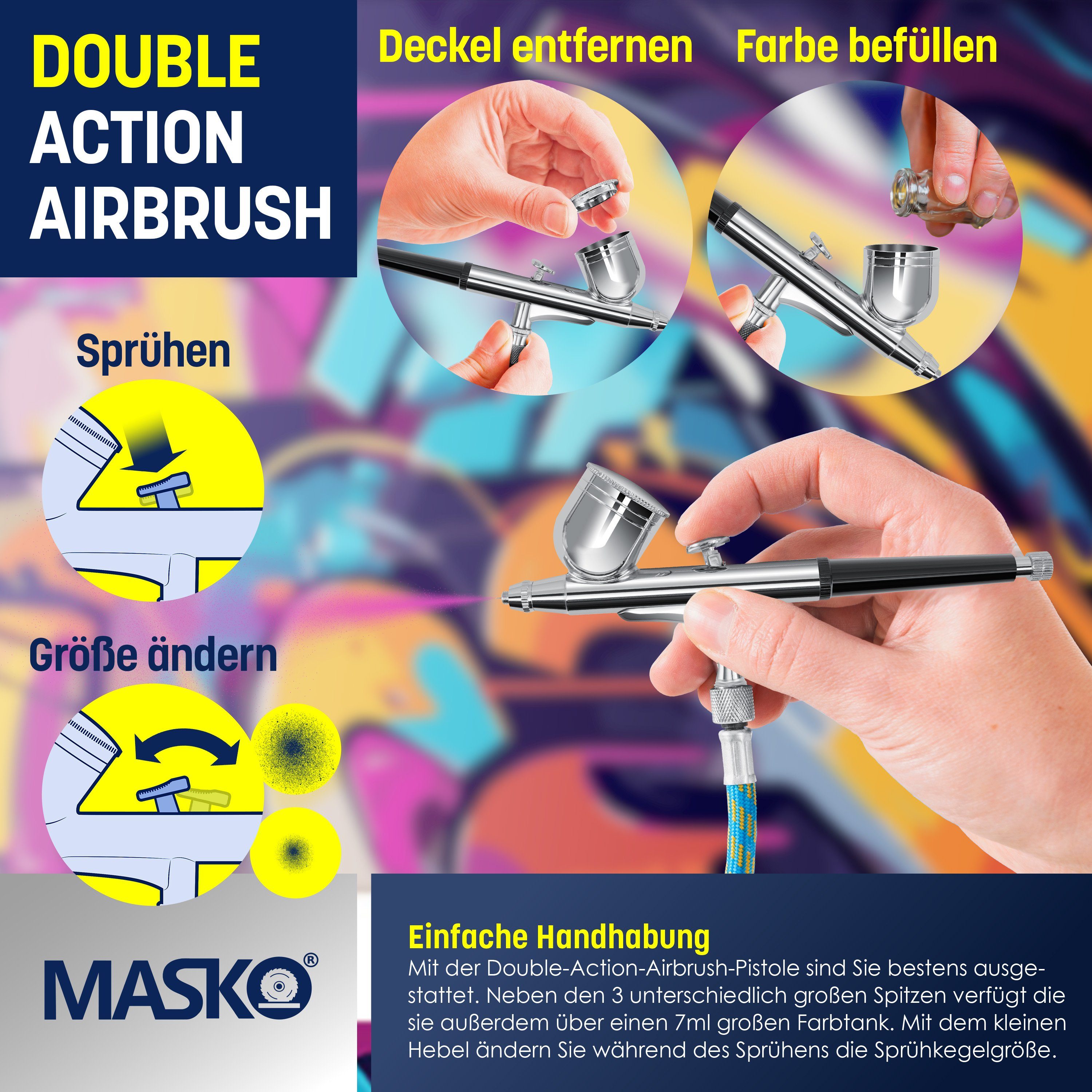 Airbrush-Pistolen Airbrush-Set inkl. Kompressor bar schwarz 4 mit MASKO Farbsprühgerät,