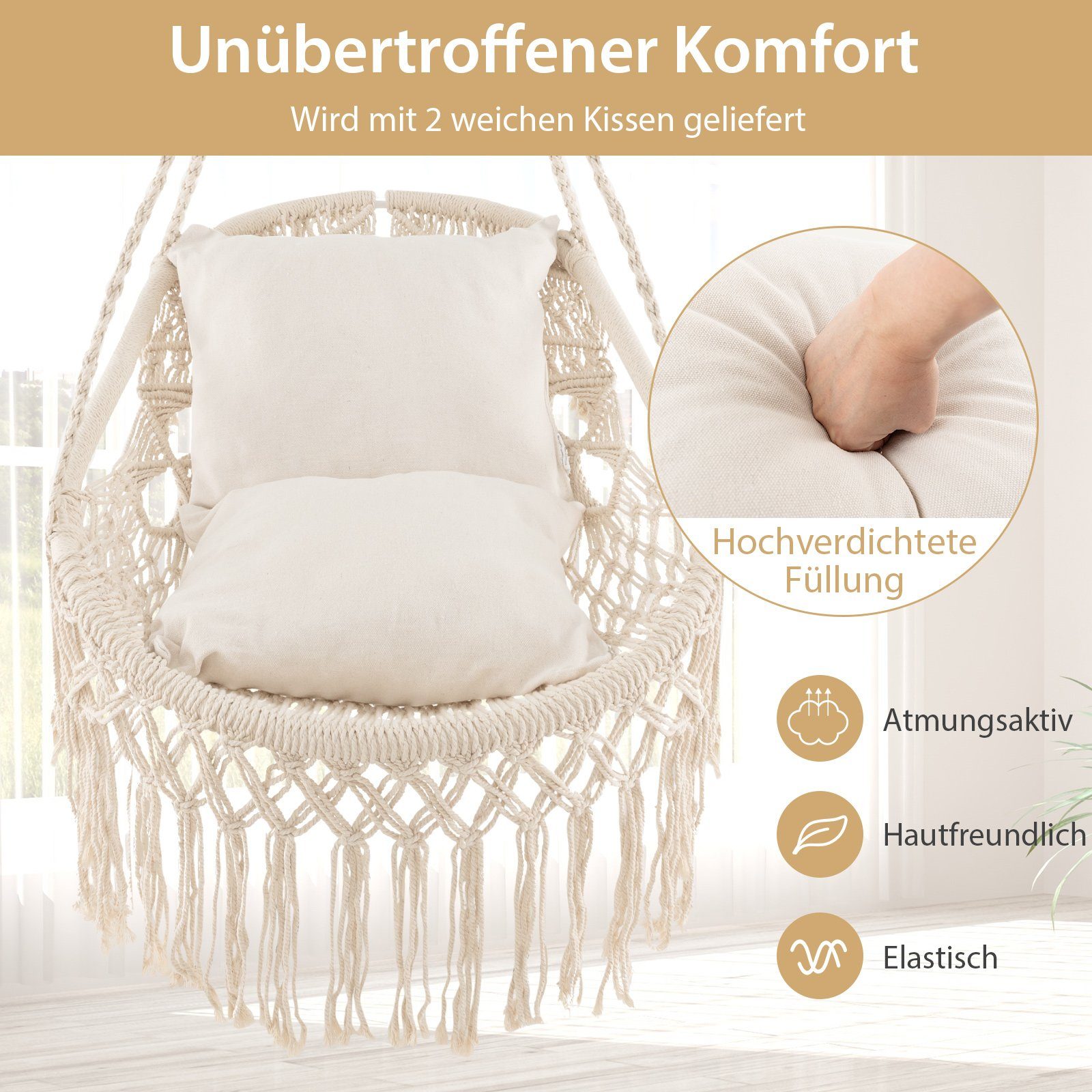 COSTWAY Hängesessel, Hängestuhl mit 2 Kissen, bis 150 kg