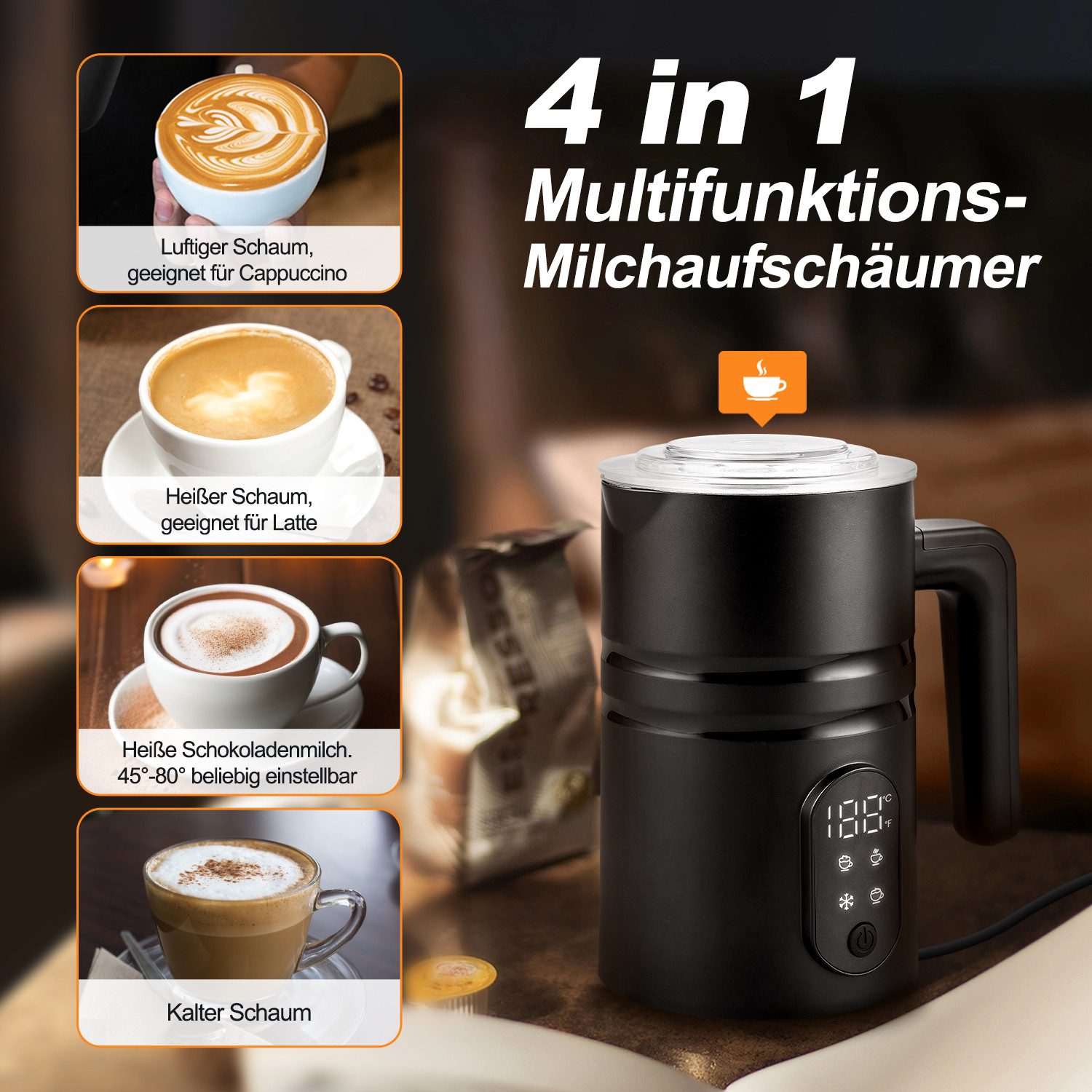 CkeyiN Milchaufschäumer Elektrischer 4 in 1 Automatischer Milchschäumer 350ml Milchschäumer, 400 W, für Heißer Kalter Milchschaum Heiße Schokolade Latte Cappuccino