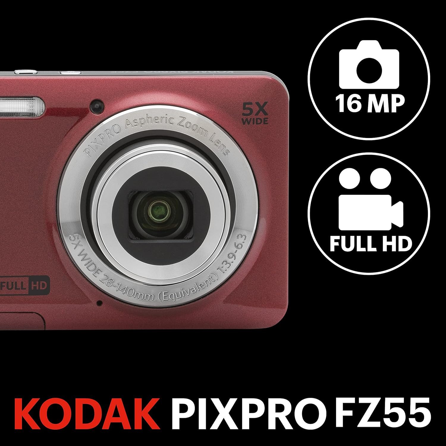 Kodak Pixpro FZ55 - 16 Megapixel - 5X optischer Zoom - 2.7 LCD-Monitor Vollformat-Digitalkamera (16 MP, optischer Bildstabilisator, 720p Full HD-Video, Lithium-Ionen-Akku)