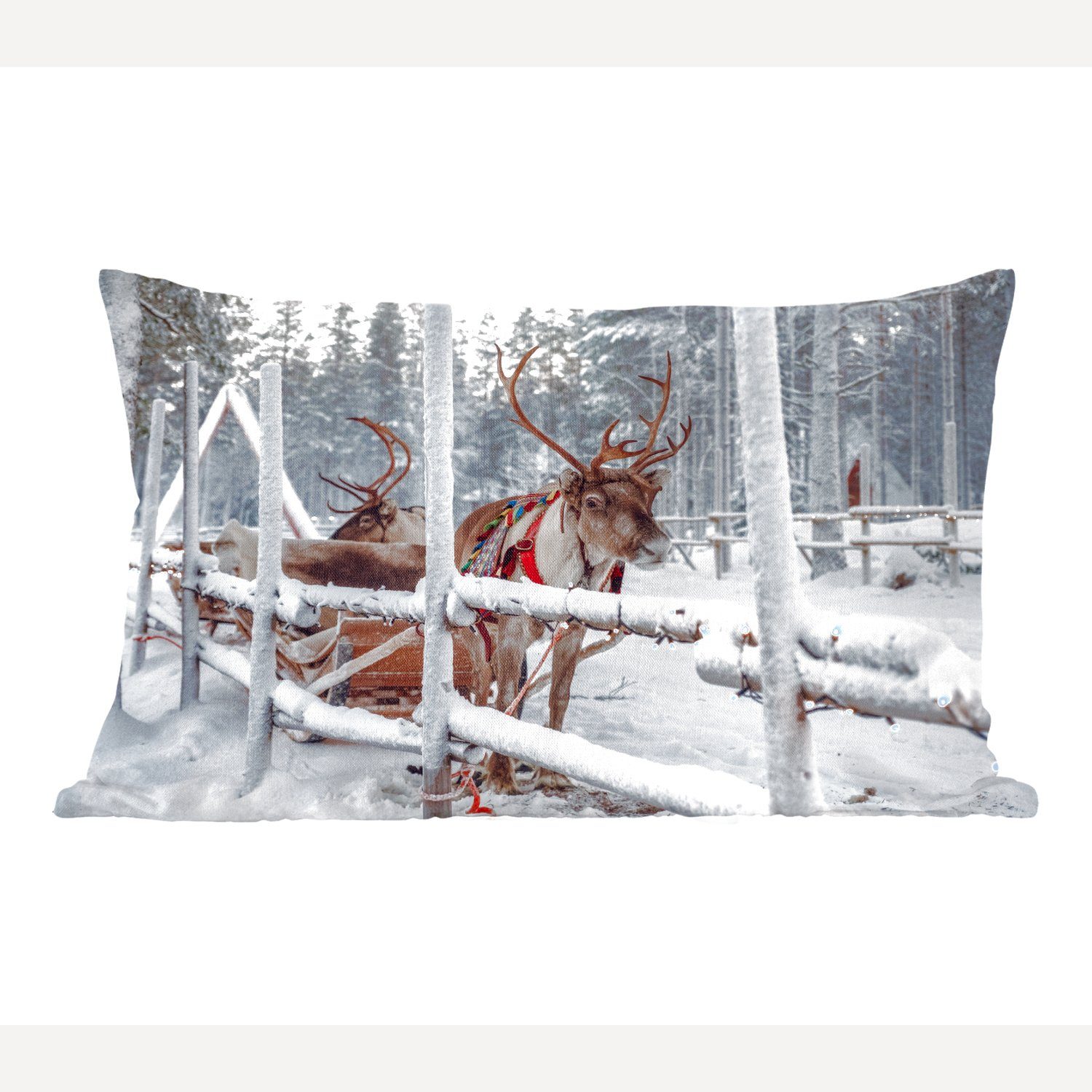 MuchoWow Dekokissen Ein Rentier im Dorf des Weihnachtsmanns in Finnland, Wohzimmer Dekoration, Zierkissen, Dekokissen mit Füllung, Schlafzimmer