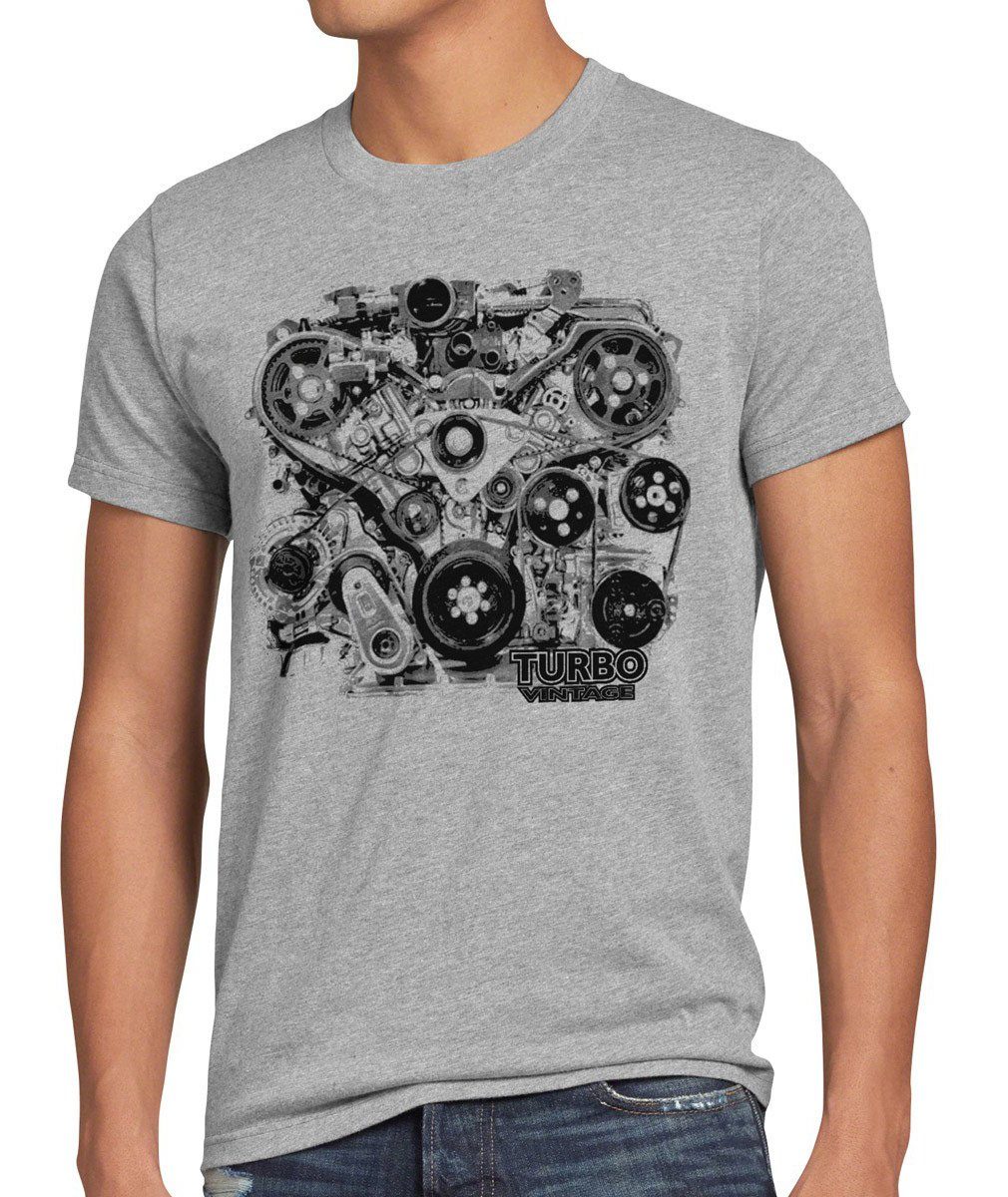 style3 Print-Shirt Herren T-Shirt Turbo Vintage Muscle Car Auto mustang motor us werkstatt tuning V6 V8 grau meliert | T-Shirts