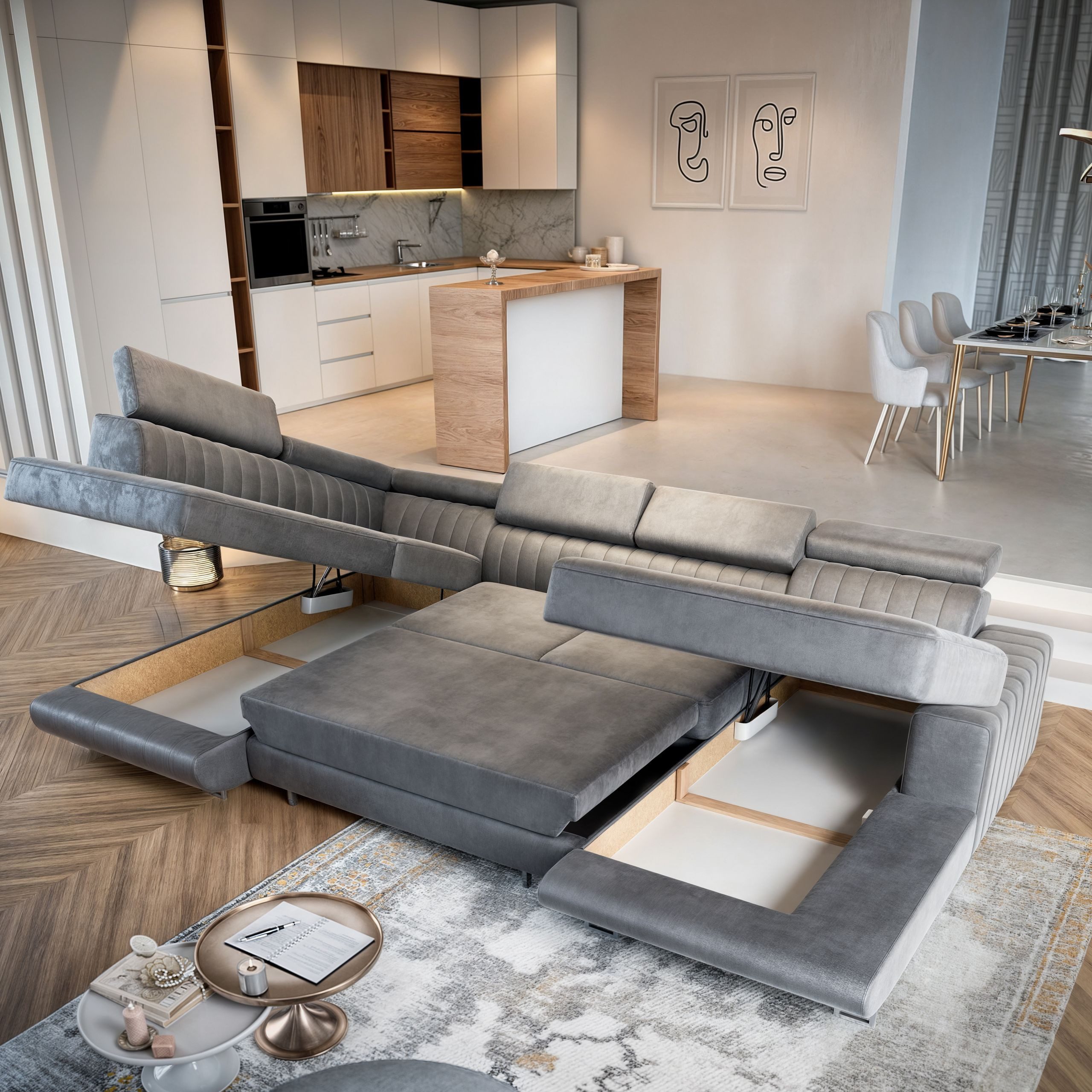 Masseno Ecksofa SIENA mit Schlaffunktion U-Form, Sofa mit Bettkasten