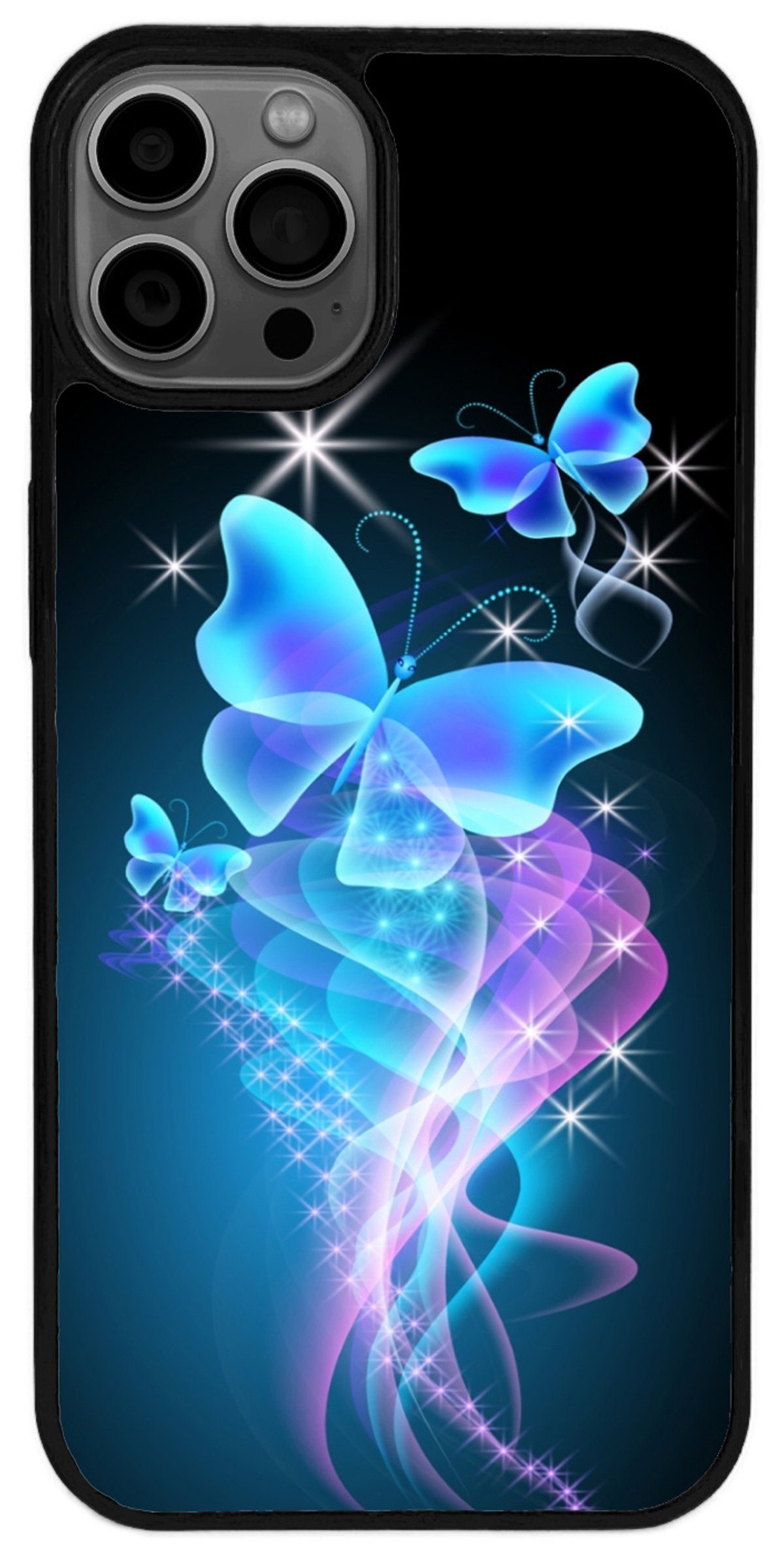 Traumhuelle Handyhülle TPU HÜLLE Silikon MOTIV 286 Case Cover Schutzhülle Backcover Etui 5G, Schmetterling Butterfly Blau Sterne Handy Bumper Rückschale Schwarz