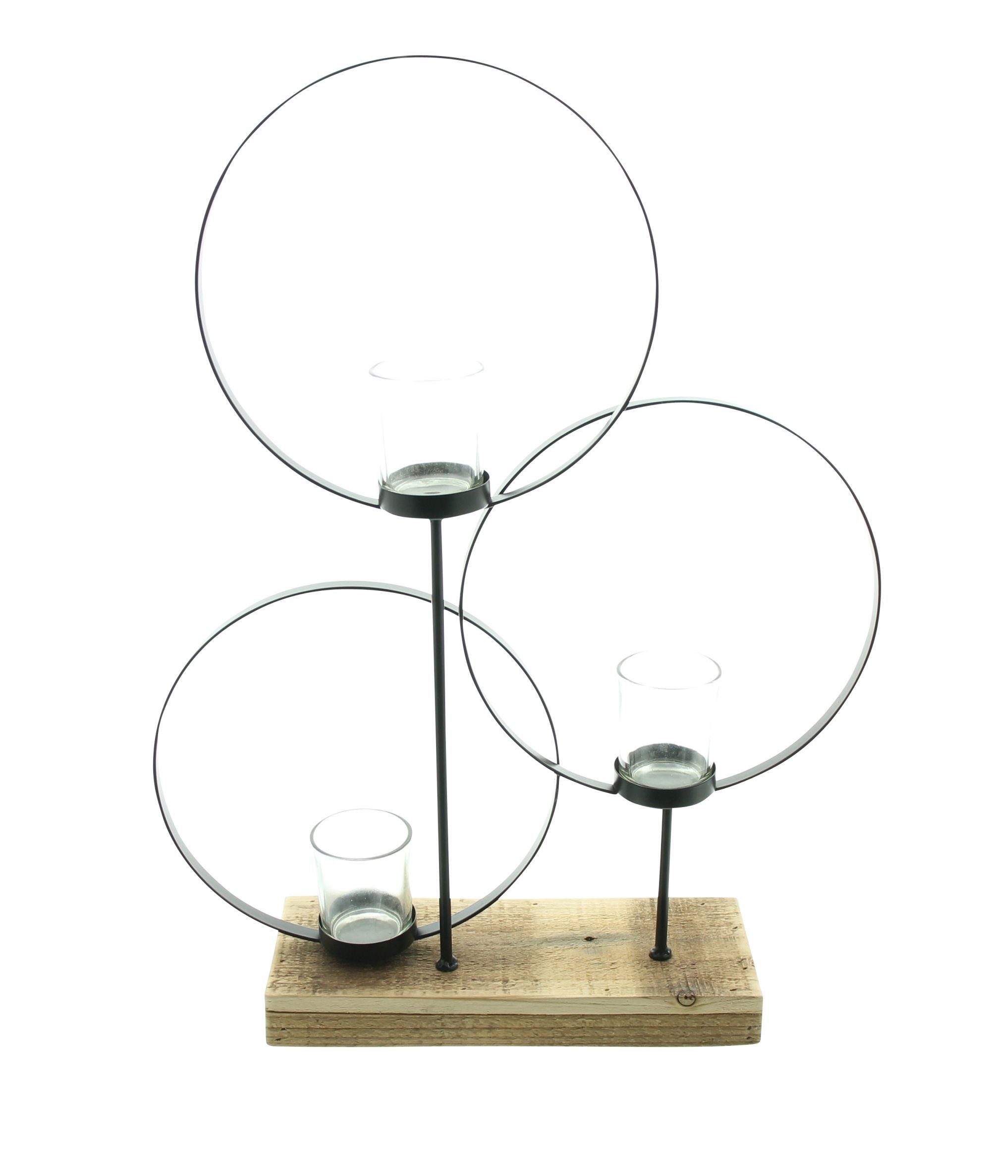 Holz, recyceltem Windlicht Metall, schwarz, 3 Teelichtgläser, aus Teelichthalter, Sockel mit Dekoleidenschaft Windlichtglas aus "Ringe"