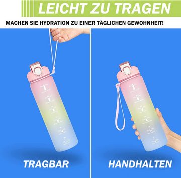 zggzerg Trinkflasche 1L Wasserflasche, Trinkflasche mit Strohhalm und Zeitmarkierung