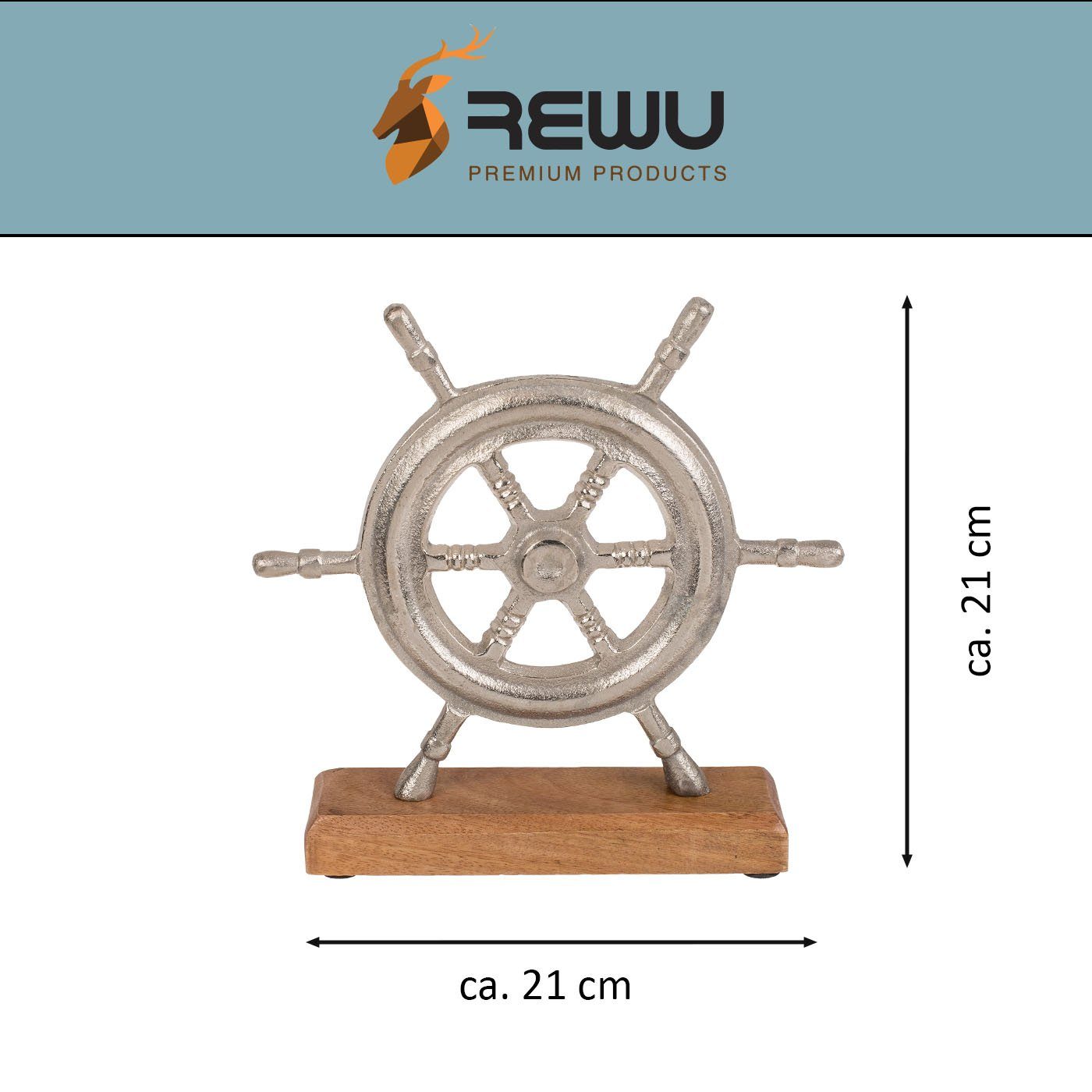 ReWu Dekoobjekt Silberfarbener Standfuss Steuerrad auf Schriftzug Holz Metall