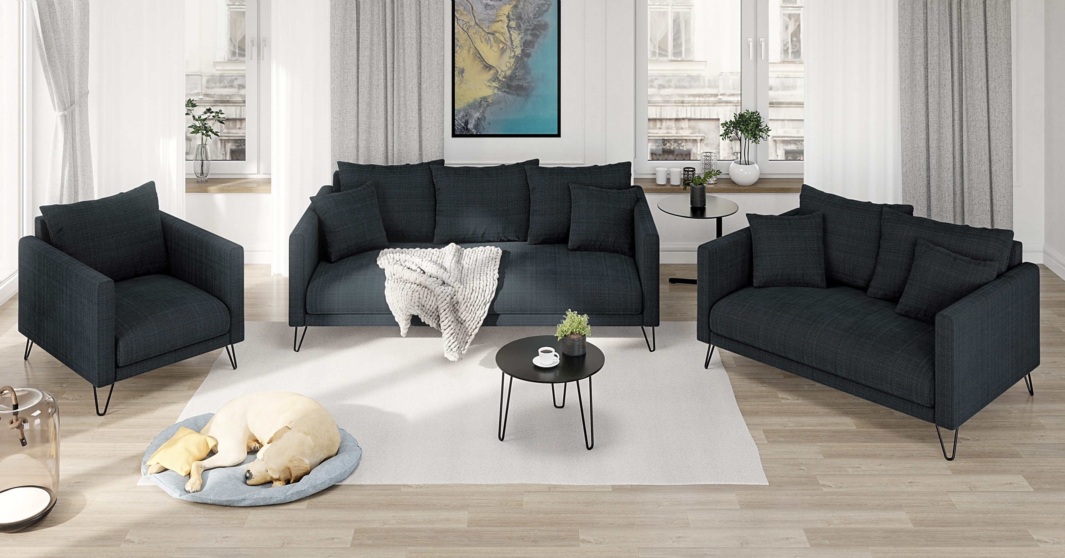 S-Style Möbel Polstergarnitur 3+2+1 Harmony aus Chenille-Stoff mit Hohen Schwarzen Metallfüßen, mit Wellenfederung