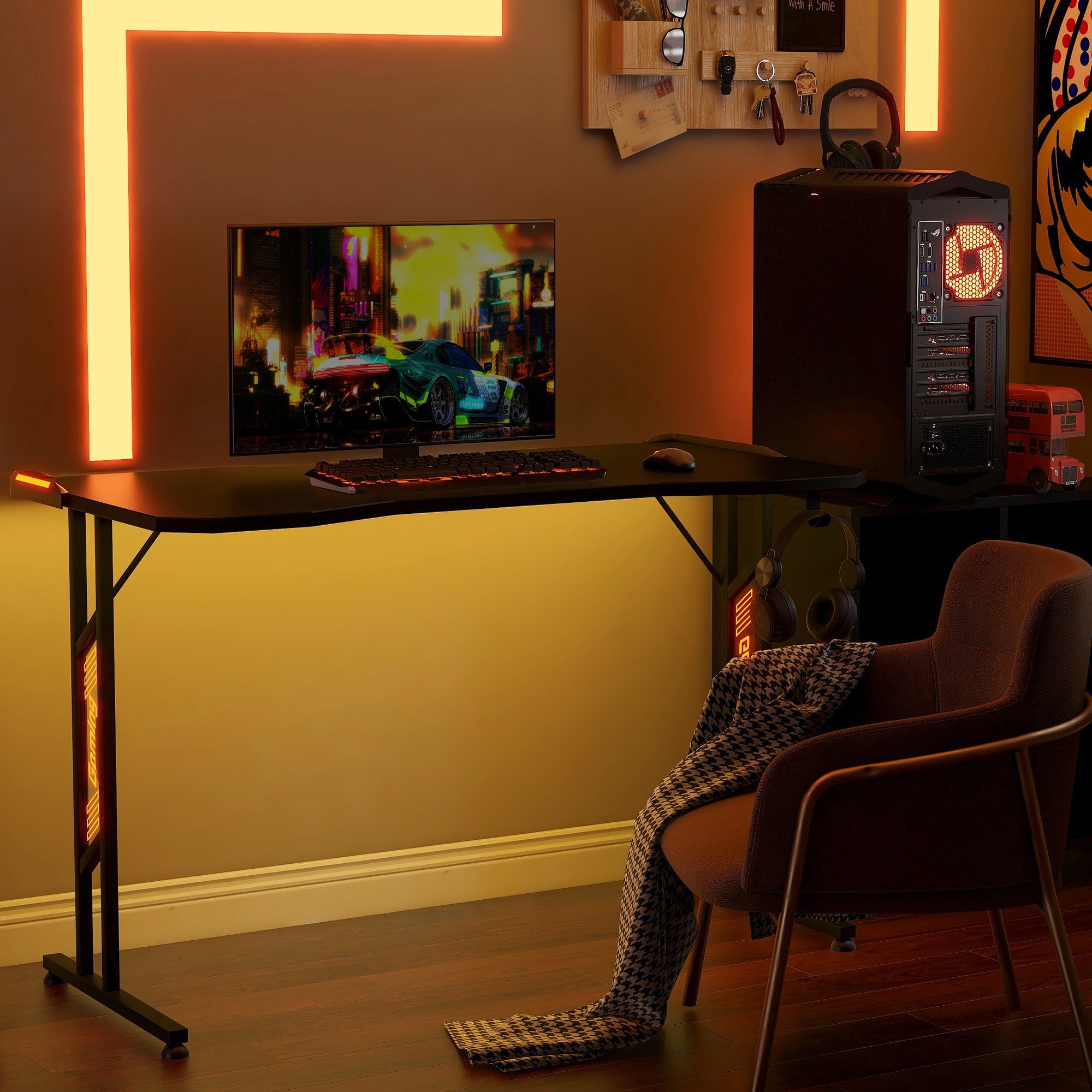 Flieks Gamingtisch Sieg, Gaming Desk Computertisch mit LED-Beleuchtung