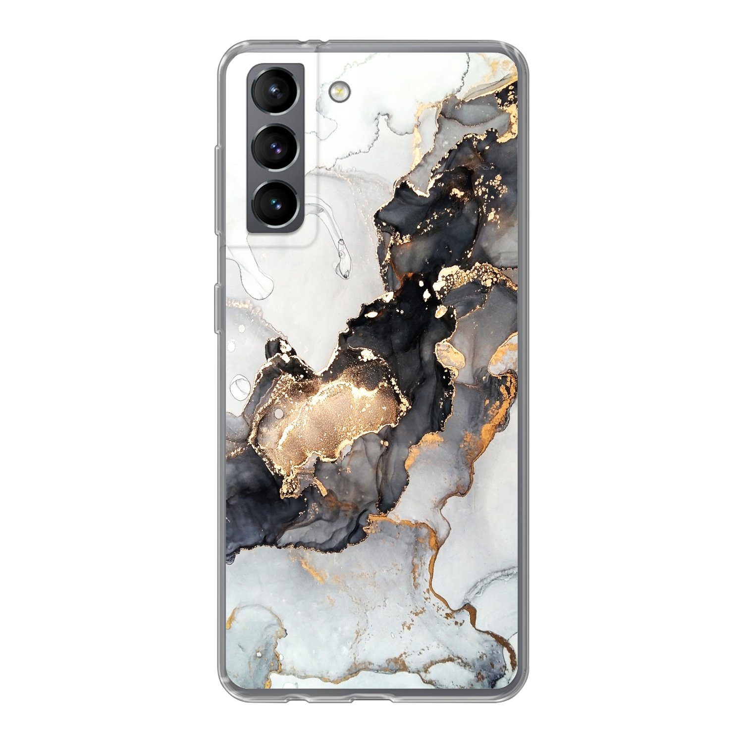 MuchoWow Handyhülle für Samsung Galaxy S21 Marmor - Schwarz - Weiß - Gold - Luxus - Abstra, Phone Case, Silikon, Schutzhülle Dünn