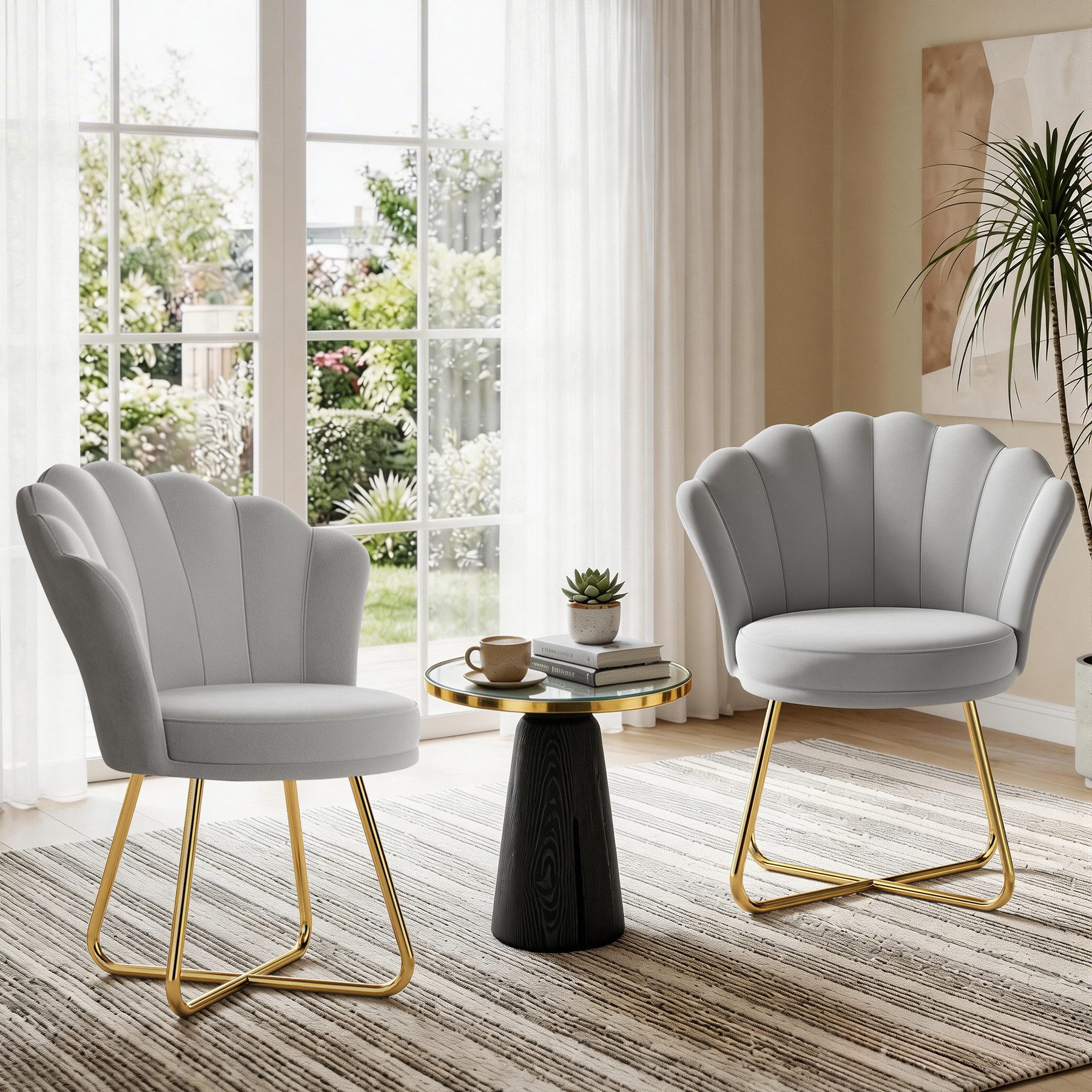 HawthyHome Polsterstuhl Polstersessel mit Blütenblatt-Rückenlehne & Goldene Metallbeine (2 St), ideal für Esszimmer & Schminktisch – Bild 4 von 5