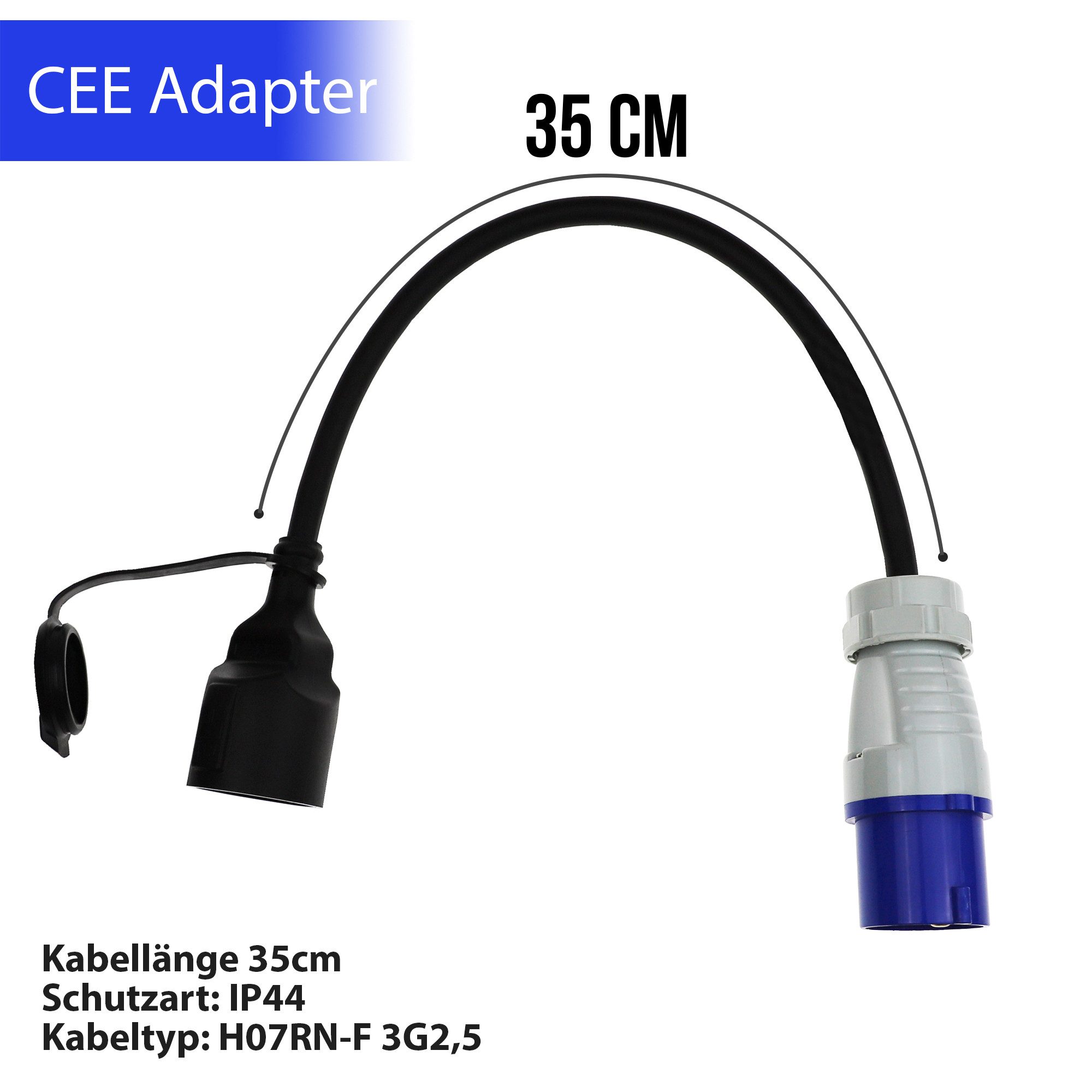 feletec CEE Adapter CEE Stecker auf Schuko Kupplung, 35cm Länge, IP44 CEE-Adapterkabel