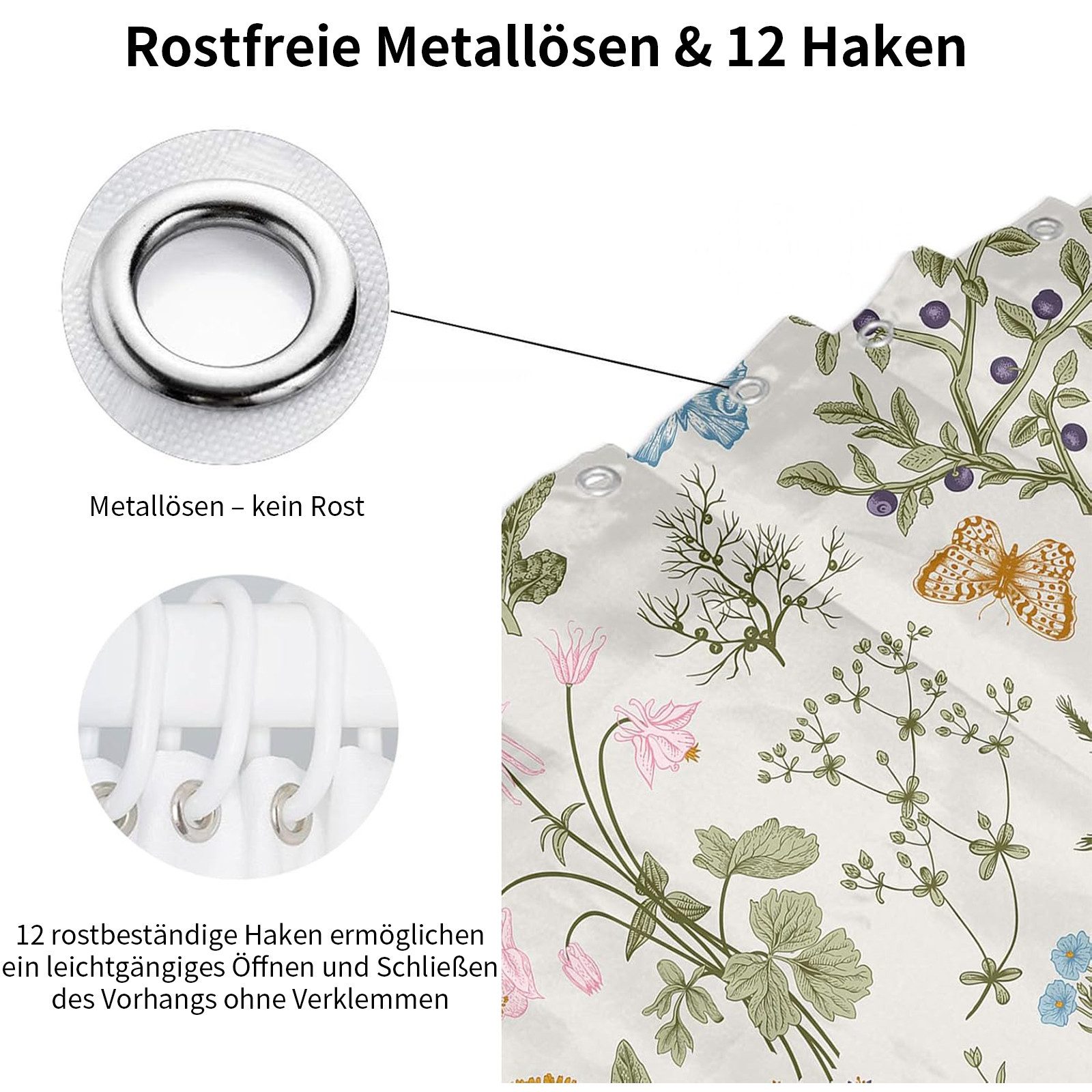MOPUEA Duschvorhang Floral Badezimmer Vorhänge; Wasserdicht dekorative Vorhänge (180 × 180 cm, Komplett-Set mit durchdachten Details), Stilvolles Vintage-Design & Hochwertiges Material