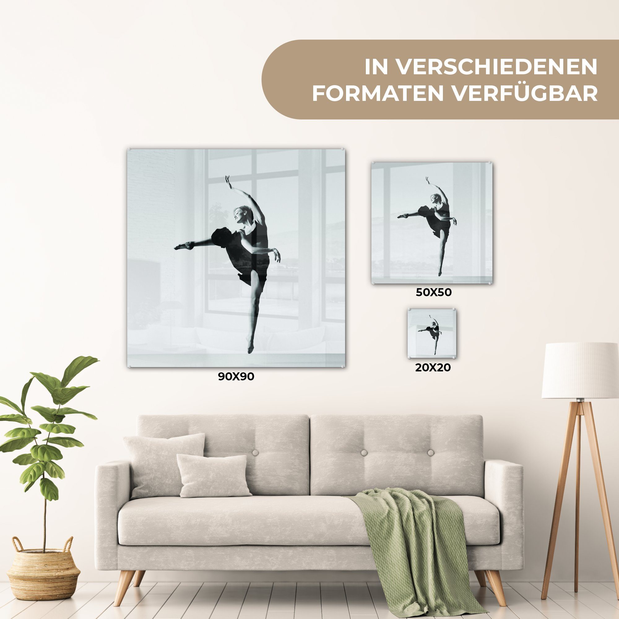 MuchoWow Acrylglasbild in und (1 auf St), Bilder Zehenspitzen Wandbild - Wanddekoration Glas Glasbilder - Ballerina auf Weiß, Glas auf Schwarz Foto 