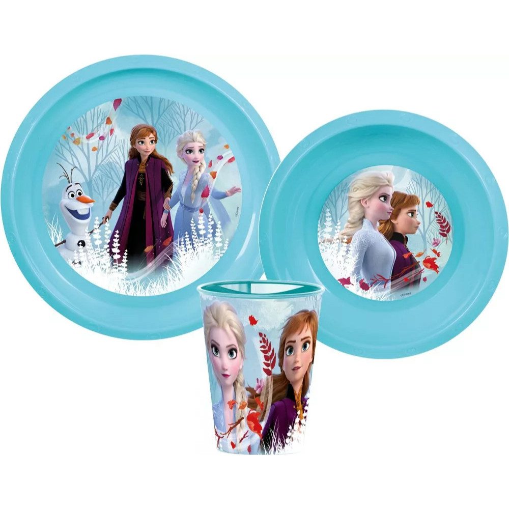 Disney Kindergeschirr-Set Disney Die Eiskönigin Elsa Kinder Geschirr-Set 3 teilig (3-tlg), 1 Personen, Kunststoff, Teller Schüssel Becher