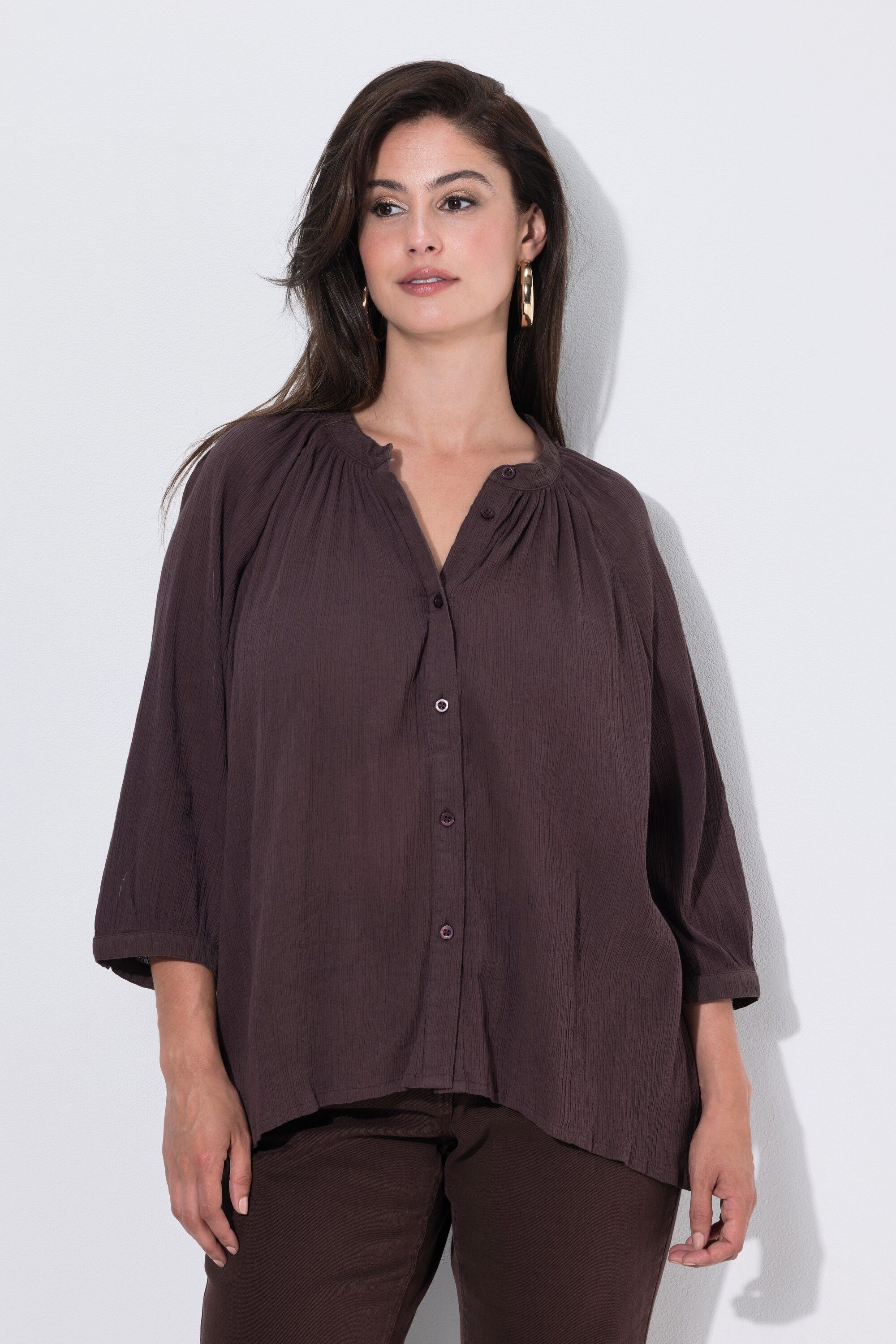 Ulla Popken Longbluse Krepp-Bluse oversized Stehkragen 3/4-Raglanarm