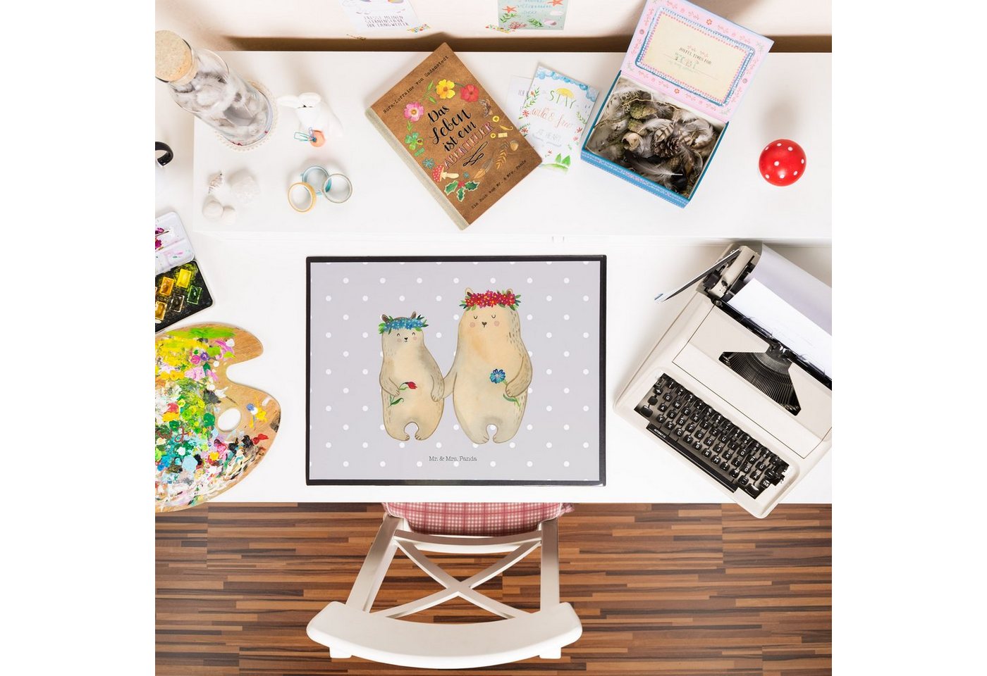 Thumbnail - Mr. & Mrs. Panda Schreibtischunterlage Bären mit Blumenkranz - Grau Pastell - Geschenk, Schreibunterlage, Sc, (Packung, ...