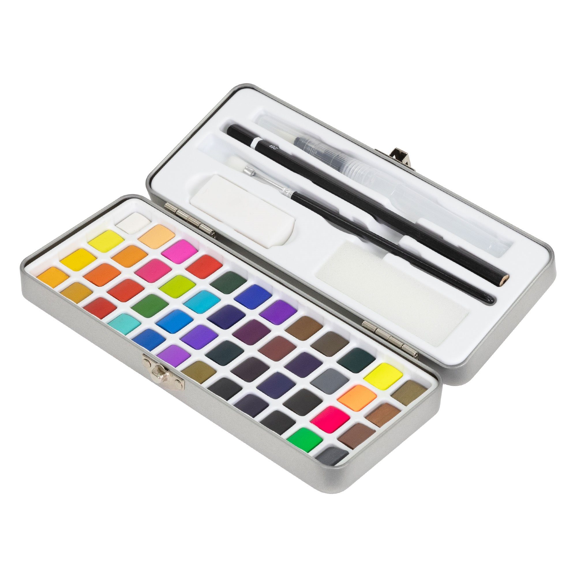 ECD Germany Malerset Aquarellfarben Malkasten mit Zubehör, 48 Farben in  Metallbox Silber mit Zubehör