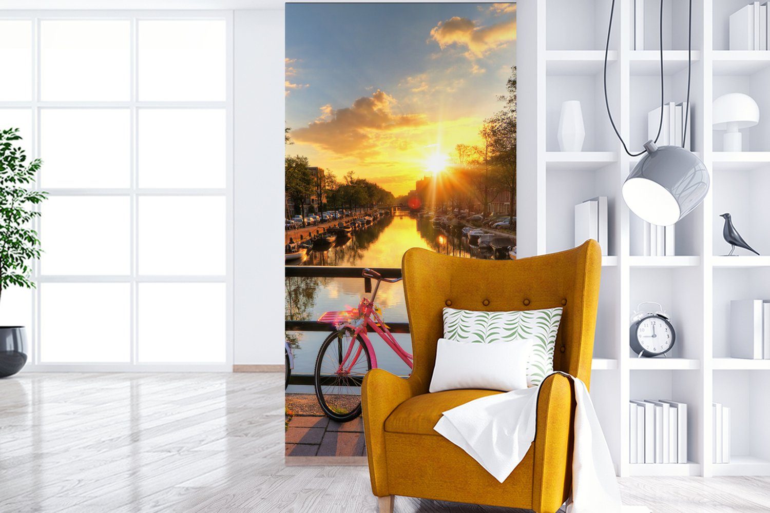 bedruckt, Vliestapete Amsterdam Fototapete Schlafzimmer Fahrrad Blumen Sonnenuntergang, - (2 - Küche, für MuchoWow - Wohnzimmer Brücke - Matt, St), Fototapete