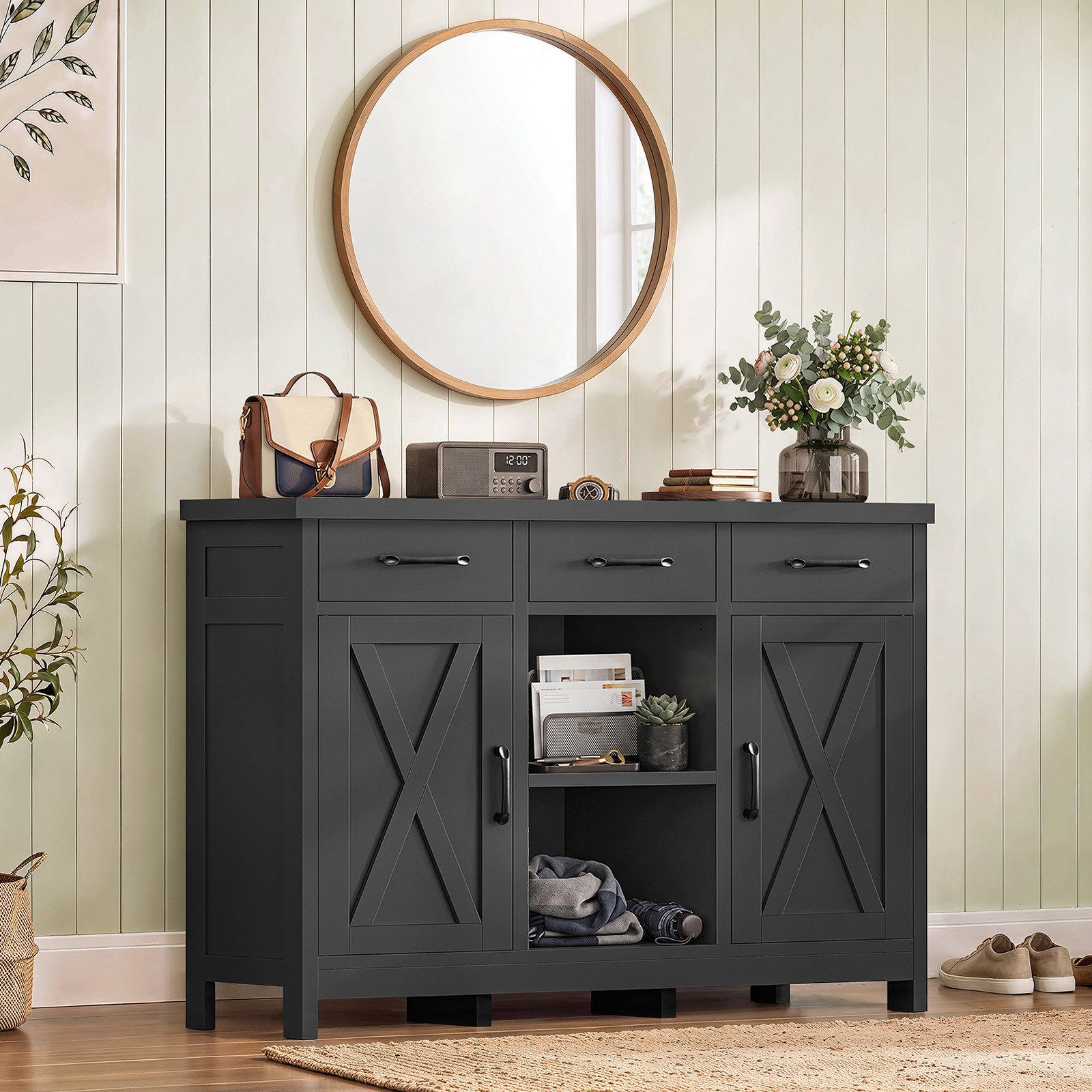 TEENFON Sideboard mit Doppeltüren, drei Schubladen und verstellbaren Einlegeböden (1 St), 90×30×80cm, schwarz
