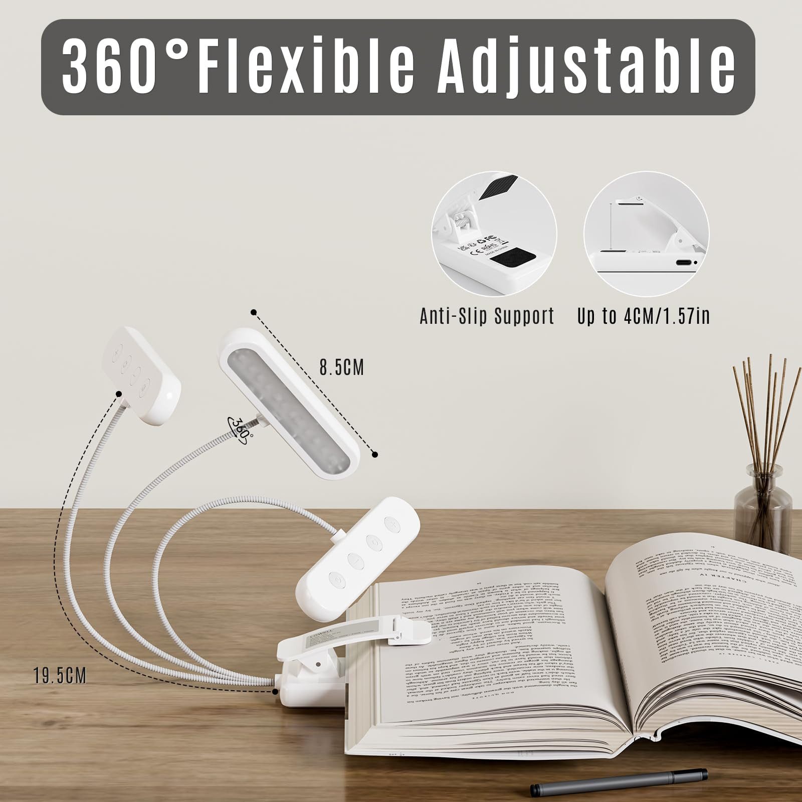LQWELL LED Leselampe Leselampe Buch Klemme im Bett, USB Wiederaufladbare Leselicht, LED fest integriert, mit 3 Farbtemperaturen, 10 Helligkeitsstufen & Stufenloses Dimmen, 360° Flexibel Buchlampe für Kinder, Buchliebhaber