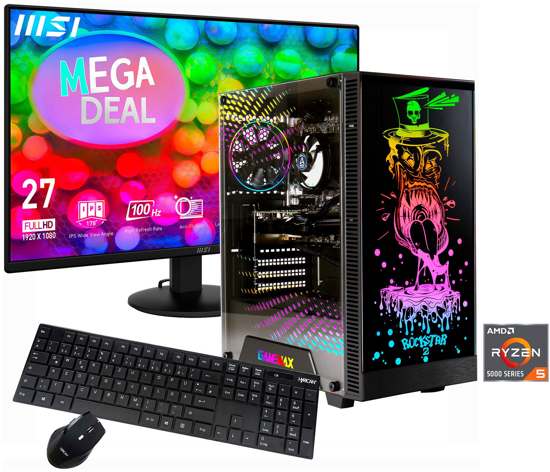 GAMEMAX MegaDeal Rockstar 2842 AMD Ryzen 5 5600GT 16GB 480GB SSD PC-Komplettsystem (27", AMD Ryzen 5 5600GT, Radeon Graphics, 16 GB RAM, 480 GB SSD, Windows 11 + MSI PRO MP272L LCD-Monitor, 68,6cm (27)