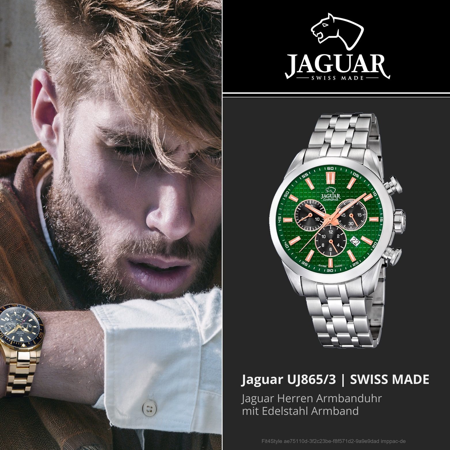 JAGUAR Chronograph Jaguar Herren Edelstahl Gehäuse, 43mm), mit Uhr Edelstahlarmband, Sport groß (ca. Herrenuhr J865/3, rundes