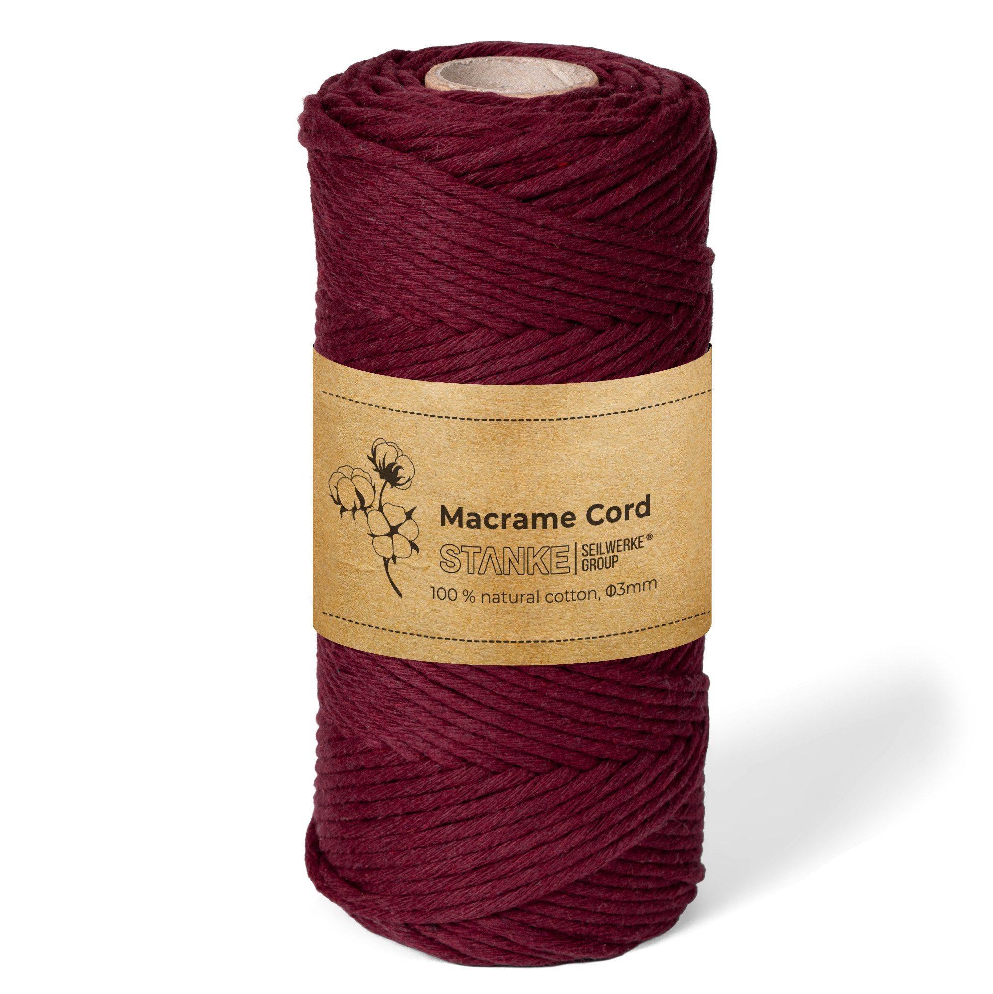 STANKE Makramee Garn 3mm 100 m Farbe Burgund - Baumwollgarn für Boho Bastelgarn, 100 m (100m Rolle, 1-St., 100m Rolle), DIY, Körbchen, Traumfänger für Untersetzer, Taschen 100% Baumwolle