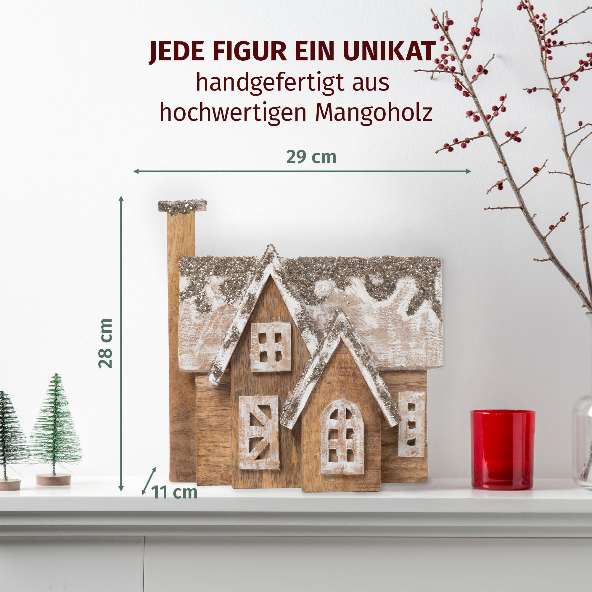 Moritz Skulptur Weihnachtsdeko Holzhaus mit Glitzerdach aus Holz 28 x 29 cm, Holz, Tischdeko, Fensterdeko, Wanddeko, Holzdeko, Weihnachtsdeko