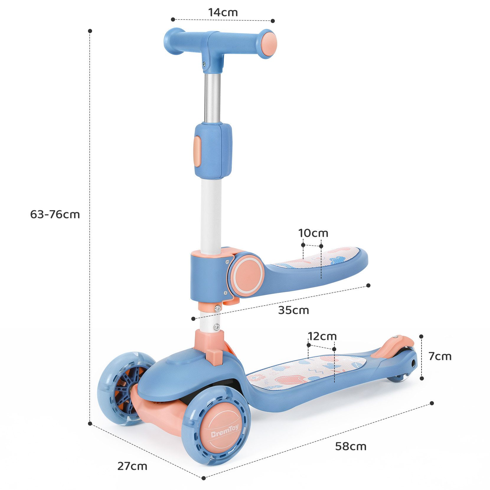 OUNUO Dreiradscooter 1009 Kinderroller mit LED und Sitz, höhenverstellbar, für 2 Jahren ab