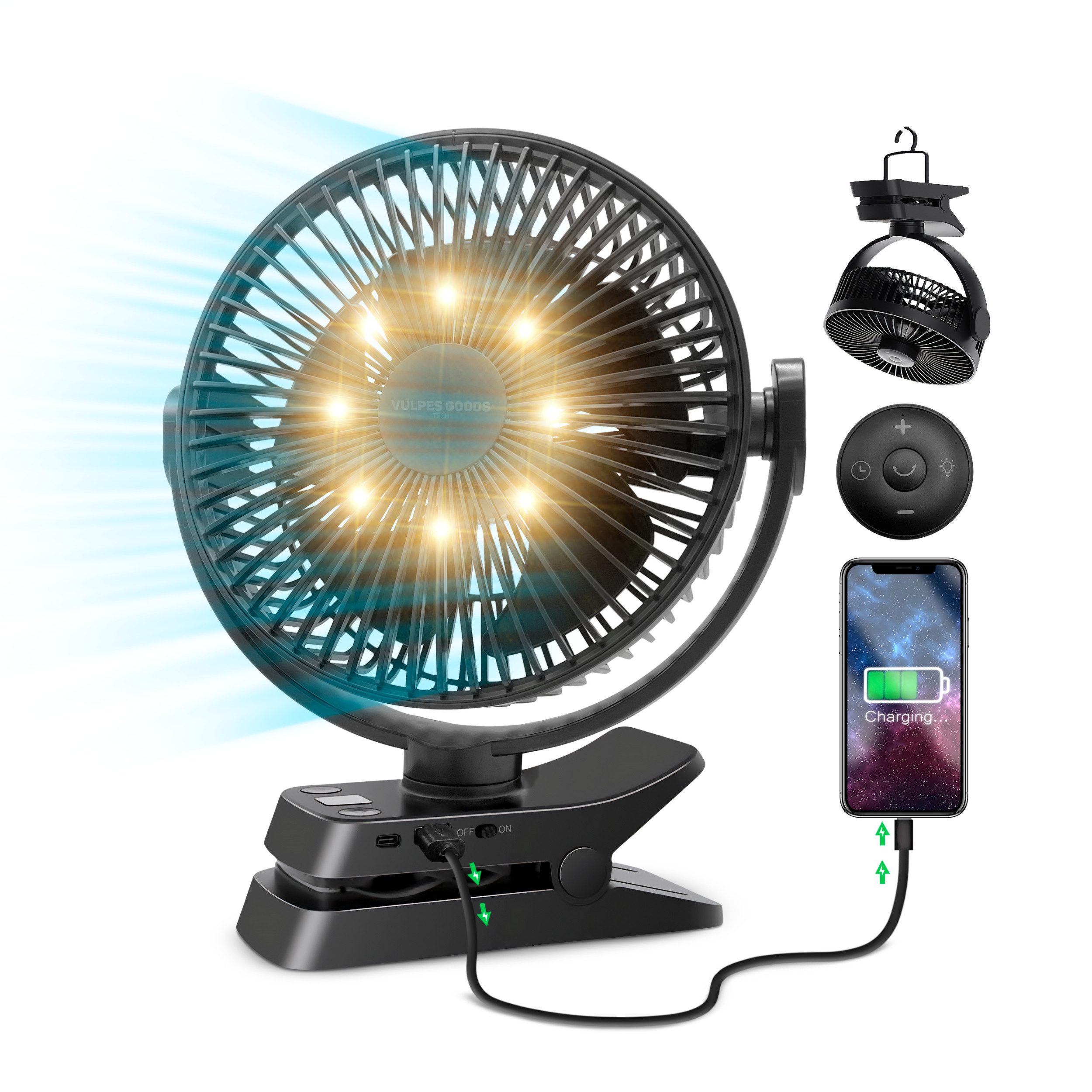 Vulpes Goods Tischventilator Tech MAX, 5 Stufen, Licht & Fernbedienung