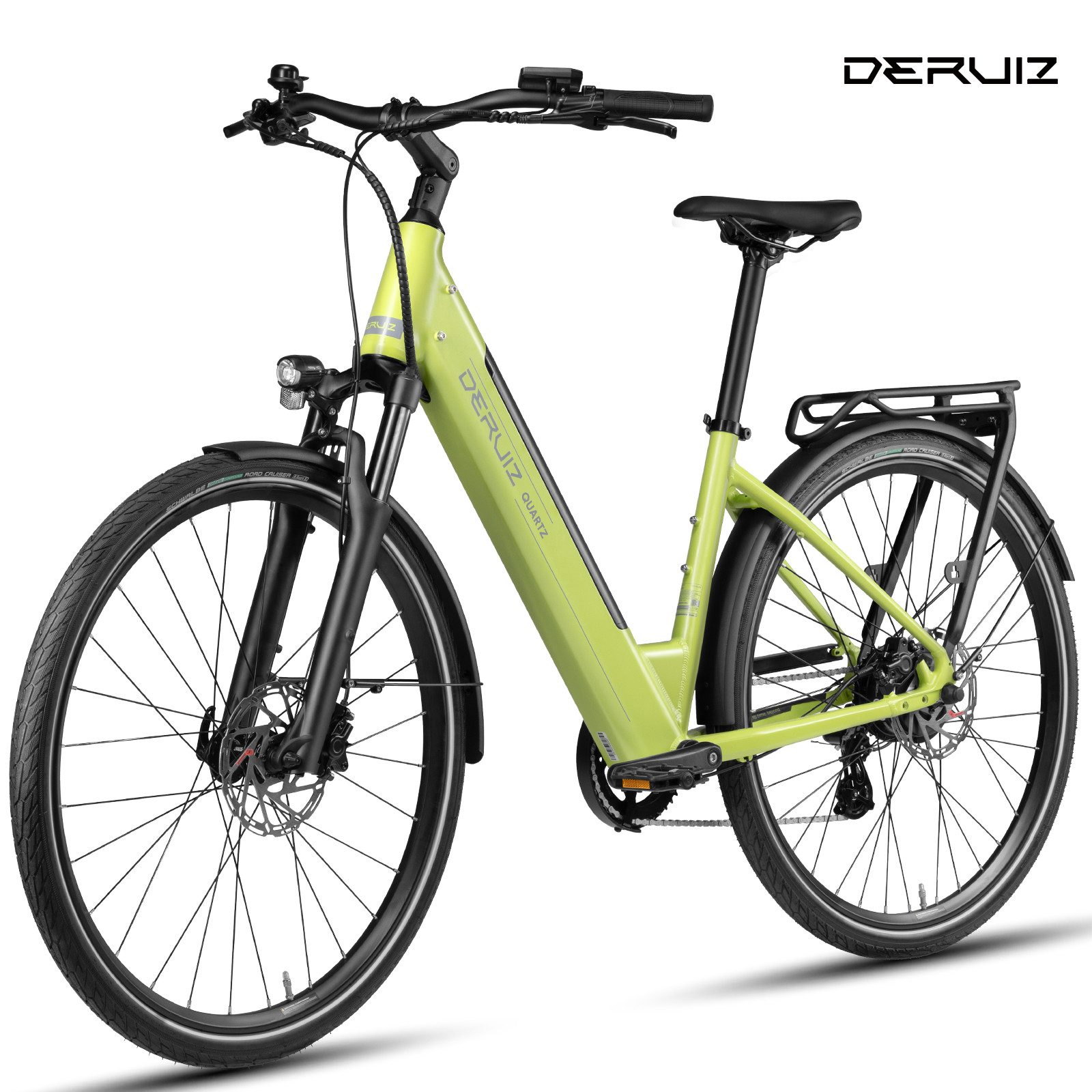 DERUIZ E-Bike 28 Zoll Quartz Heckmotor 55 Nm /Quartz Pro Mittelmotor 100 Nm, 644 Wh, 8 Gang Shimano, Kettenschaltung, Heckmotor, 644 Wh, (Federgabel mit Lockout, Drehmomentsensor, Farb-LCD-Display), abnehmbar, abschließbar, wartungsfrei