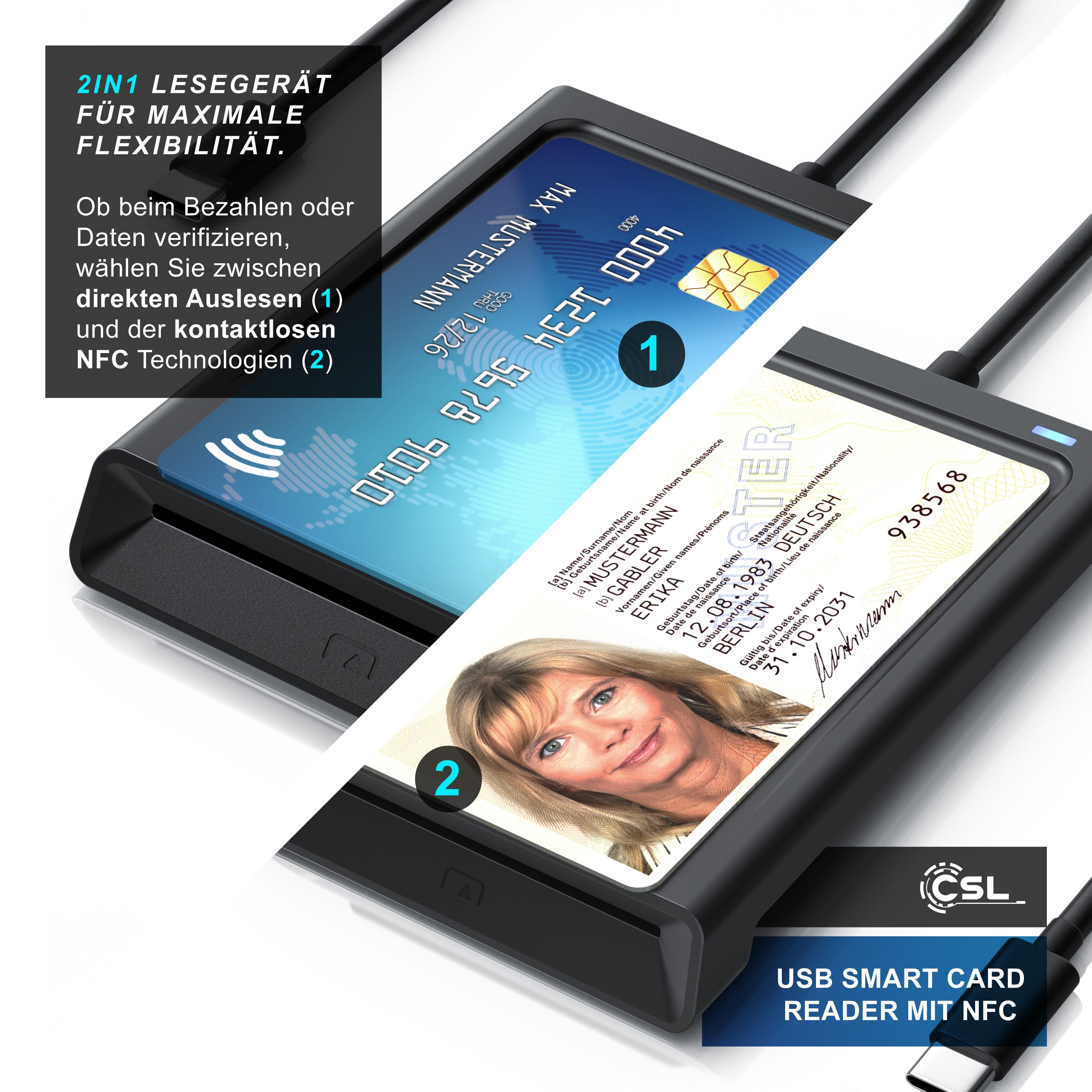 CSL Speicherkartenleser USB C Smart Card Reader mit NFC, Chipkartenleser, SIM Kartenlesegerät, für Personalausweis Gesundheitskarte Bankkarte, Mac OS X, Win 11 komp.