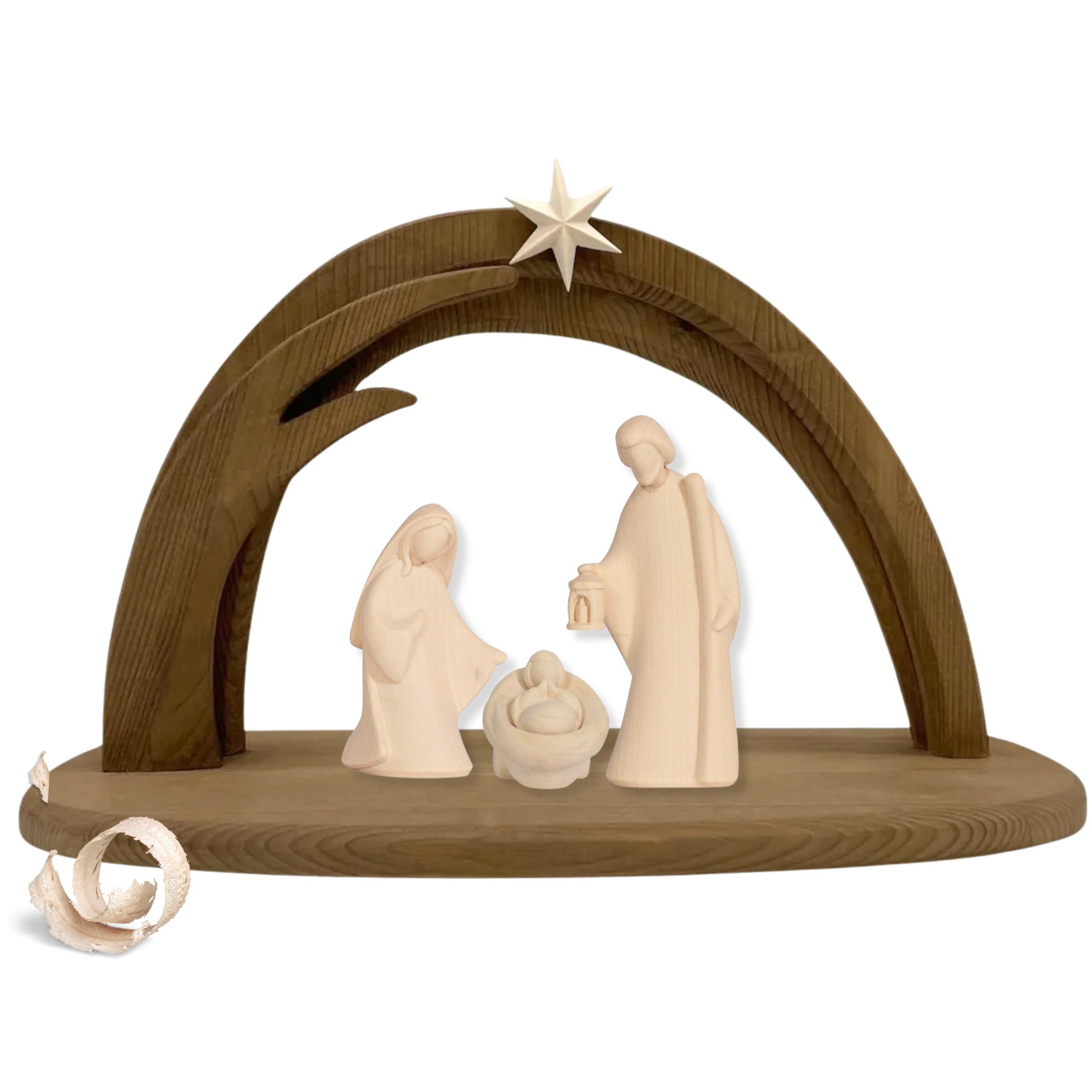 Akantus Krippe aus Holz: Hl. Familie (bemalt / natur) mit Krippenbogen, holzgeschnitzt; handbemalt