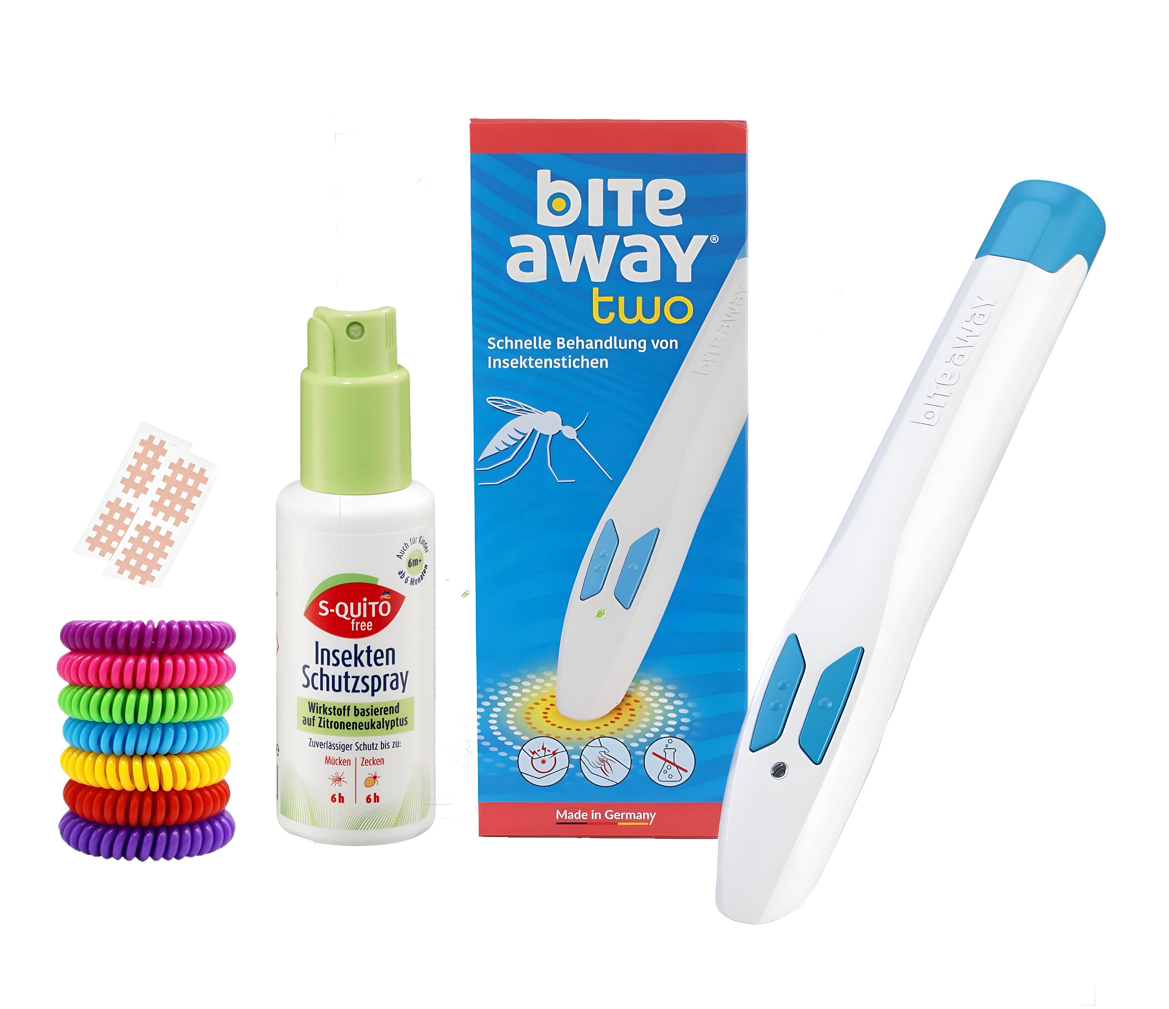 bite away Insektenstichheiler Bite Away Two Elektronischer Stichheiler, 4 Mückenpflaster + Armbänd, Bissen von Mücken, Bienen, Wespen und Bremsen Ideal gegen Juckreiz bei Mückenstichen Set, 3-tlg., Thermostichheiler, Wirkt innerhalb einer Minute, Chemiefreie, konzentrierte Wärmebehandlung von Stichen und