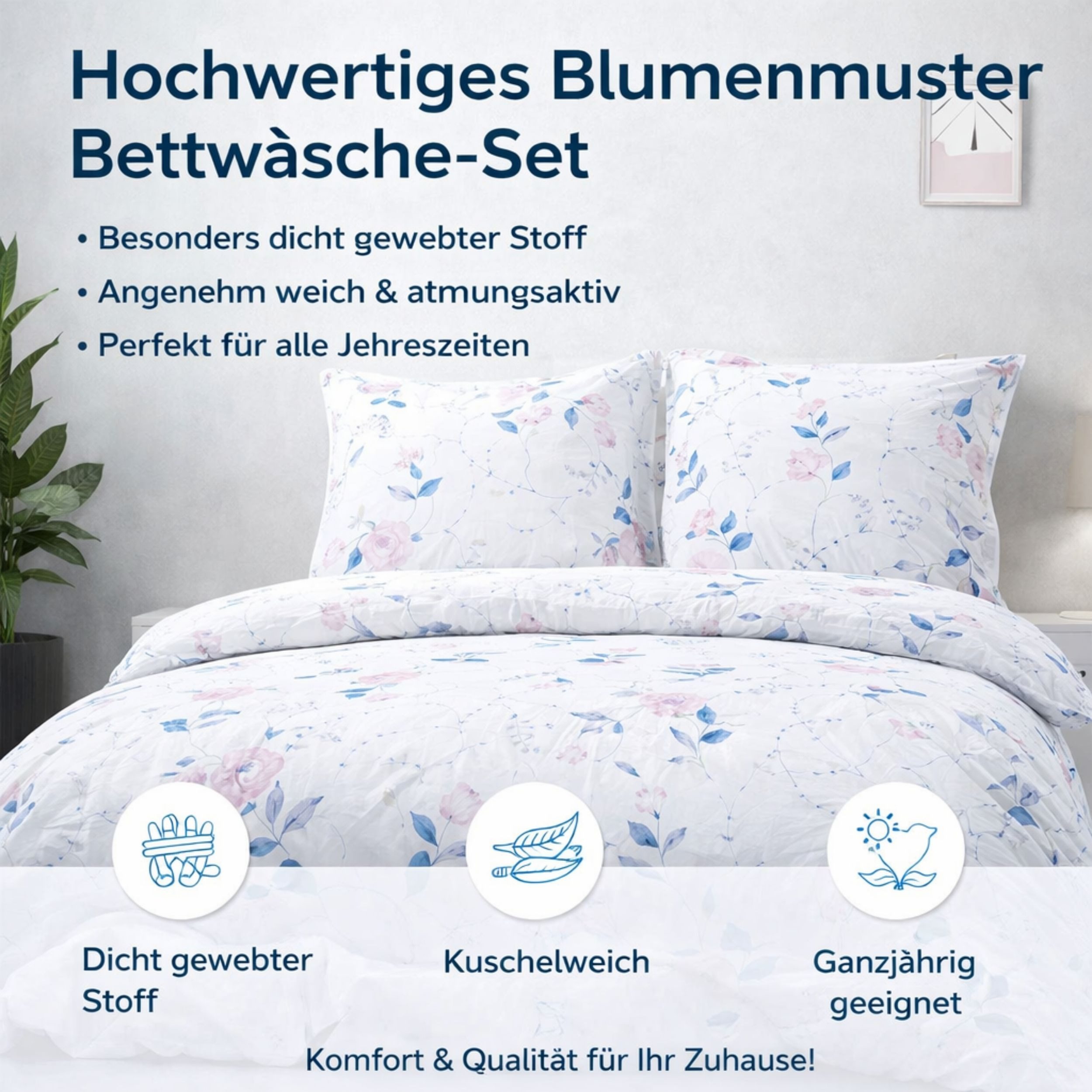 ZIRVEHOME Bettwäsche Baumwolle Bettwäsche-Set Weiß Bettbezug rosa-blauem Floralmuster, Renforce, 3 teilig, Baumwolle Bettbezug Weiß mit Blumenmuster Rosa Blau – Bild 4 von 5
