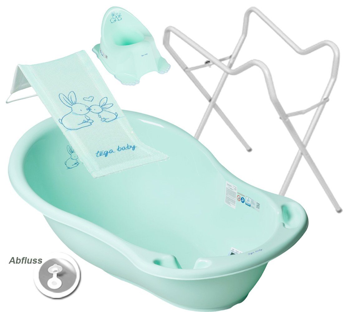 Tega-Baby Babybadewanne 3 TEILE SET H - BUNNIES Minze - Gestell Weiß- Babybadeset Abfluss, (Made in Europe Spar Set), ** Babywanne+ Badesitz + Topf + Gestell **