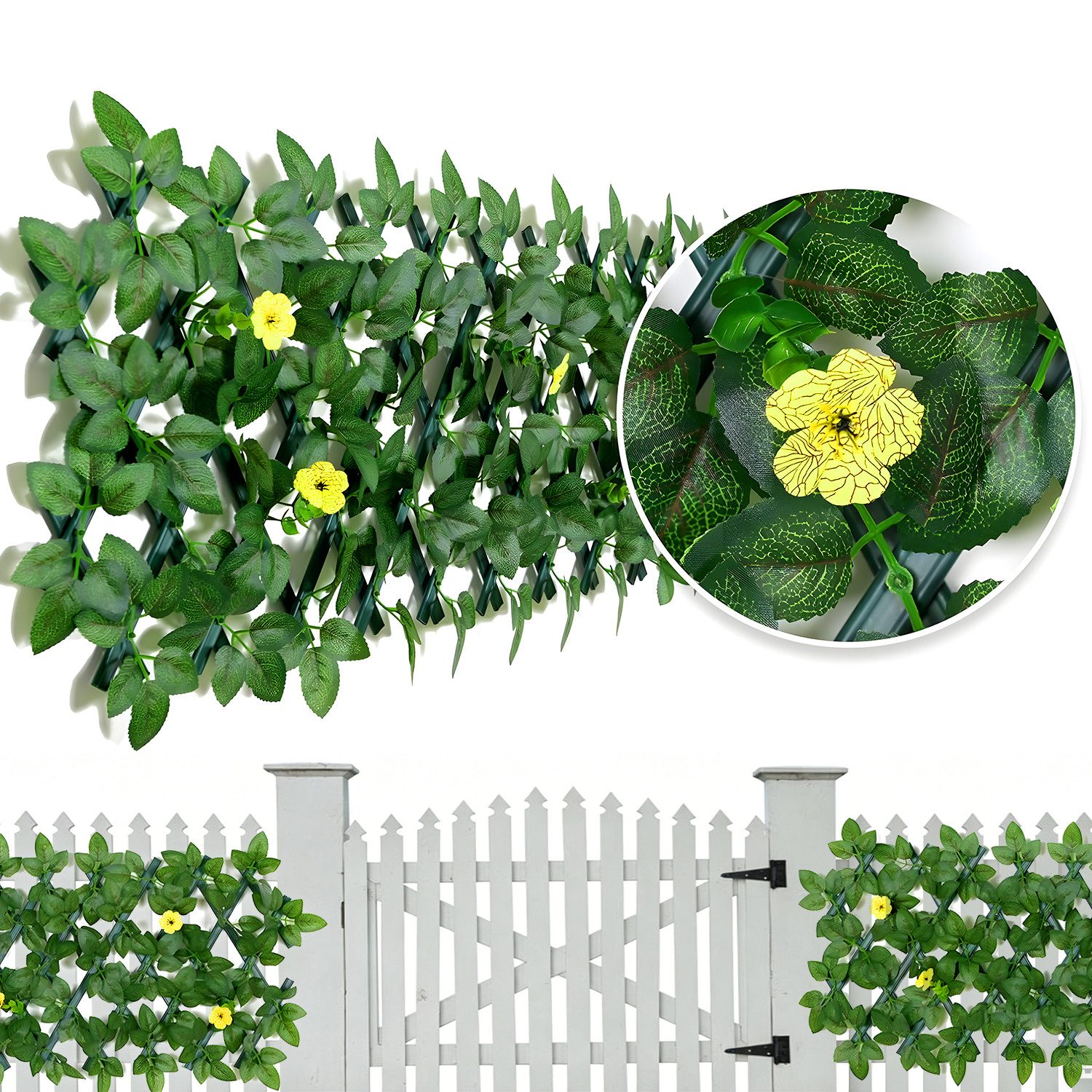 HEYHIPPO Kunsthecken-Sichtschutz Erweiterbarer Sichtschutz mit Kunstrosen – gelb, für Balkon & Garten, (Packung, Rankgitter ausziehbar mit künstlichen Blumen – für Innen-&Außenbereich), Künstliche Rosen Hecke – faltbarer 28×215 cm, für Terrasse & Zaun