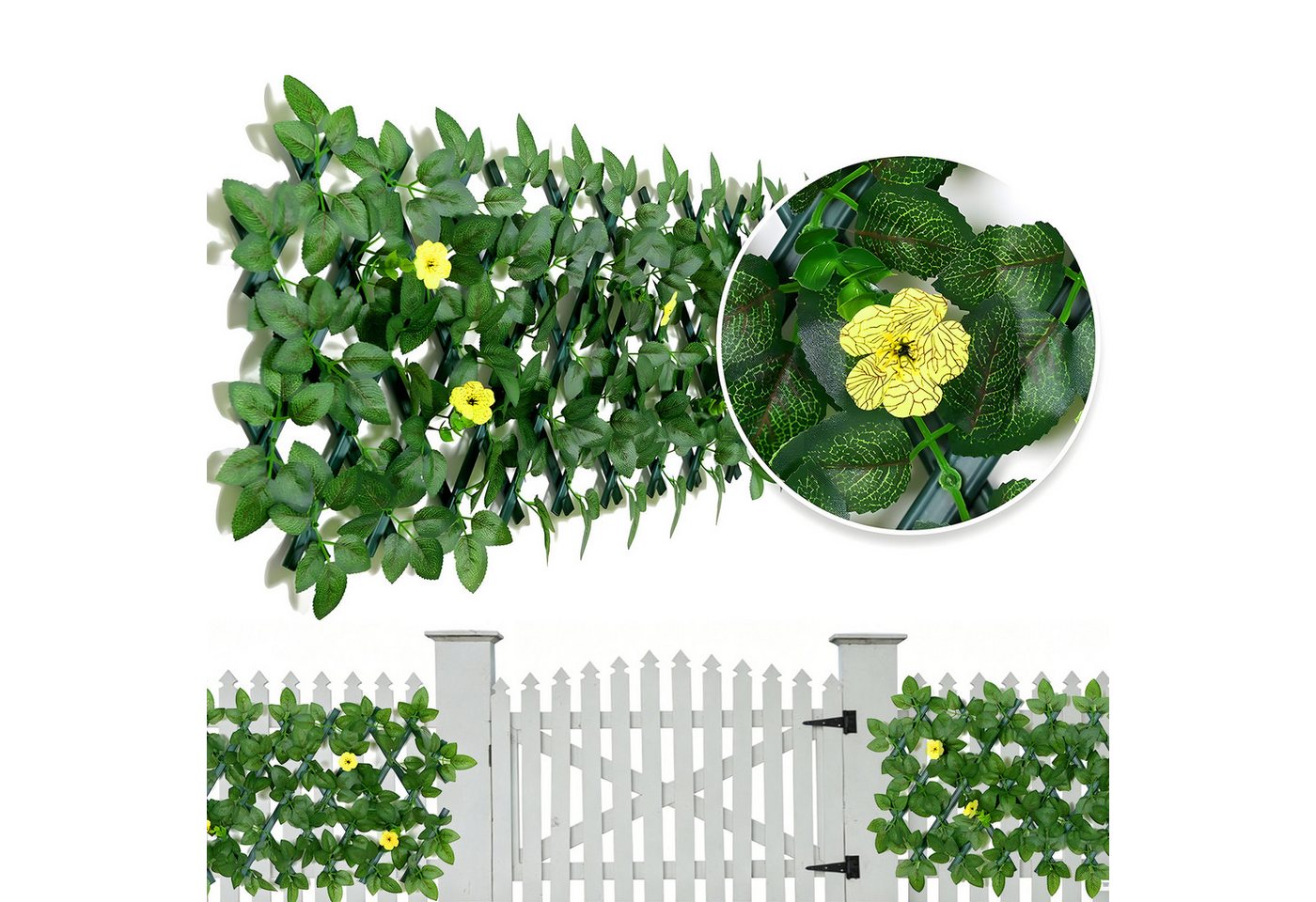 HEYHIPPO Kunsthecken-Sichtschutz Erweiterbarer Sichtschutz mit Kunstrosen – gelb, für Balkon & Garten, (Packung, Rankgitter ausziehbar mit künstlichen Blumen – für Innen-&Außenbereich), Künstliche Rosen Hecke – faltbarer 28×215 cm, für Terrasse & Zaun