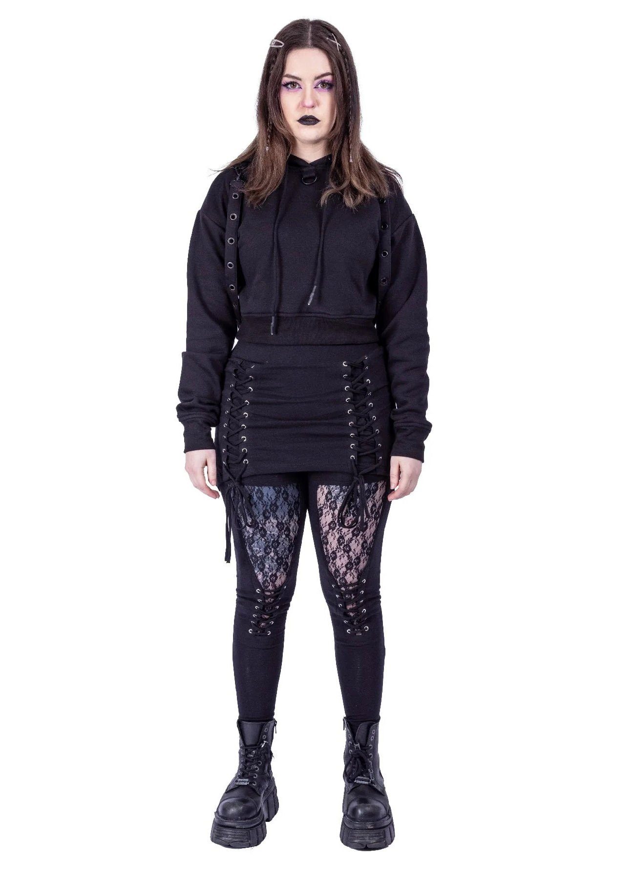 Heartless Hoodie Crop Kapuzenpullover Kyda Hood Gothic Riemen Punk Strapsen