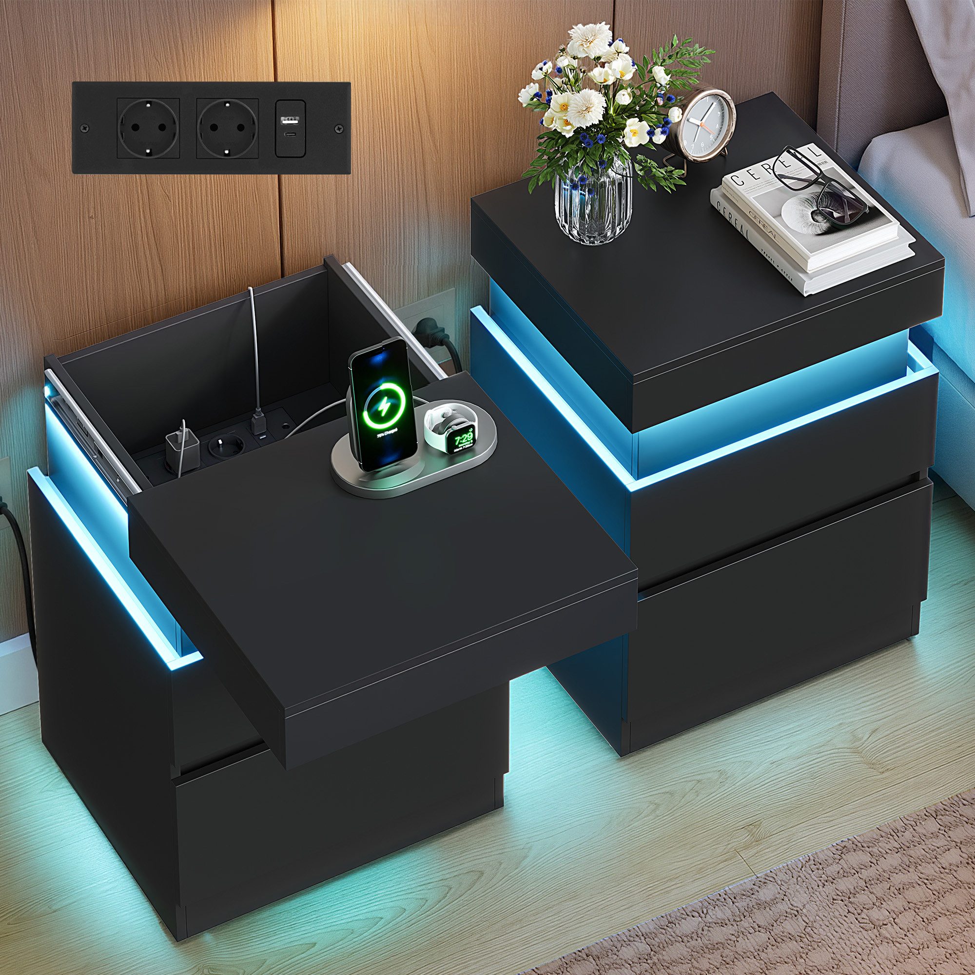 VASAGLE Nachttisch Beistelltisch mit Steckdosen, Schiebedeckel, LED-Beleuchtung, 2er Set, 2 Schubladen, kleiner Tisch, modern, 35 x 40 x 55 cm